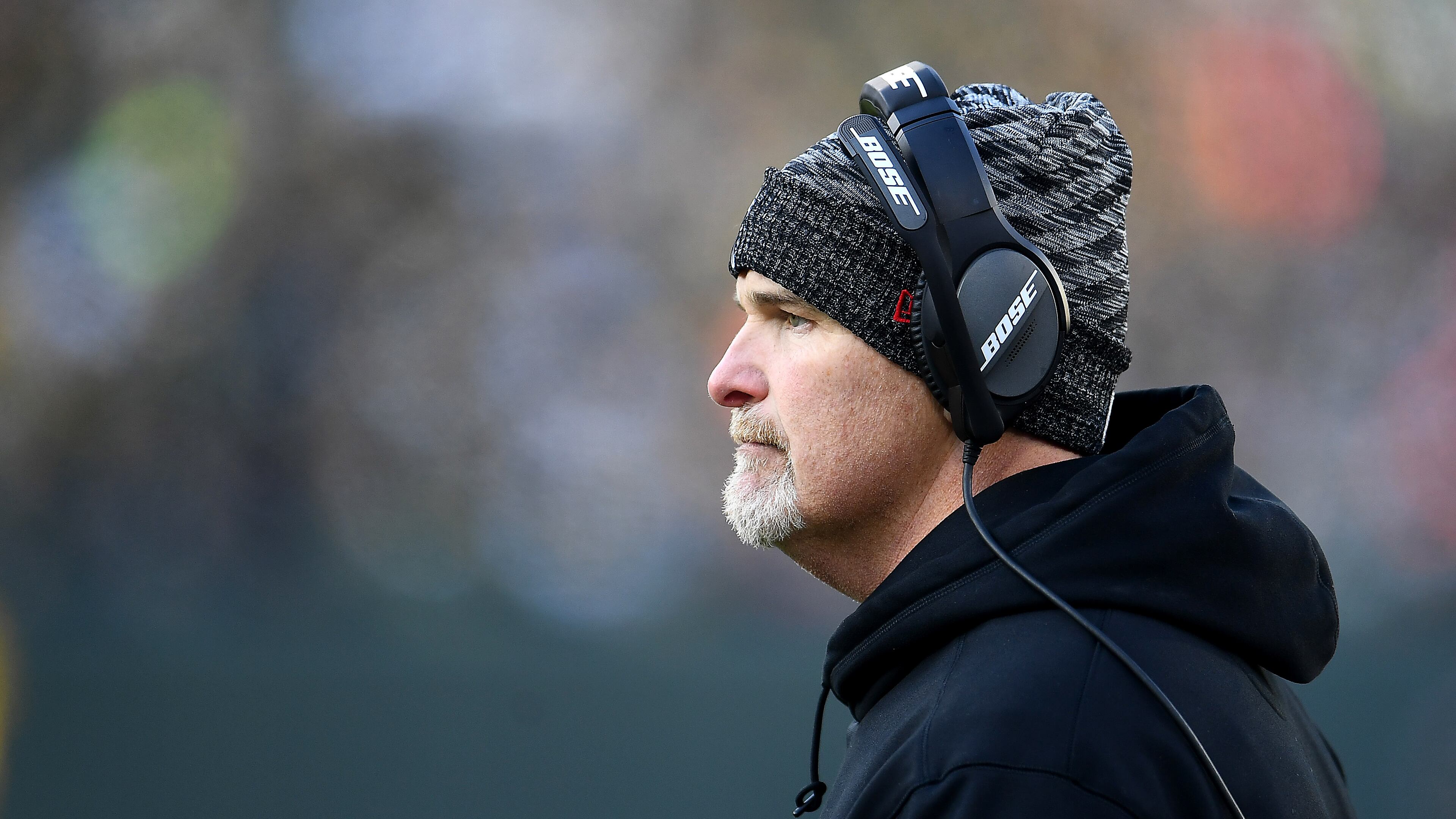 GREEN BAY, WISCONSIN - DECEMBER 09: Head coach Dan Quinn of the Atlanta Falcons watches from the sideline during the second half of a game against the Green Bay Packers at Lambeau Field on December 09, 2018 in Green Bay, Wisconsin. (Photo by Stacy Revere/Getty Images)