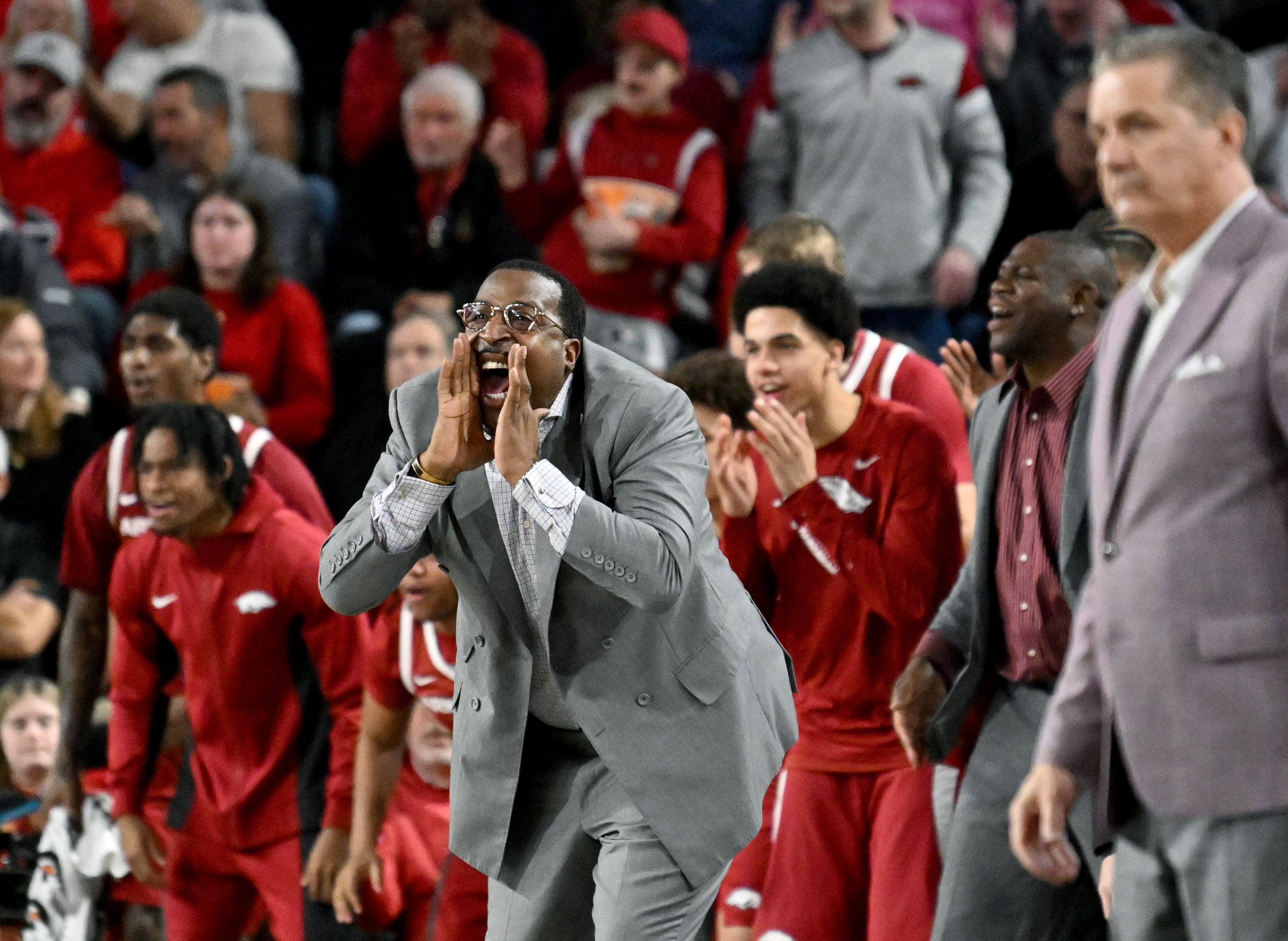 Arkansas coaching staff reacts during the second half in an NCAA college basketball game at Stegeman Coliseum, Saturday, Jan. 17, 2026, in Athens. Georgia won 90-76 over Arkansas. (Hyosub Shin/AJC)
