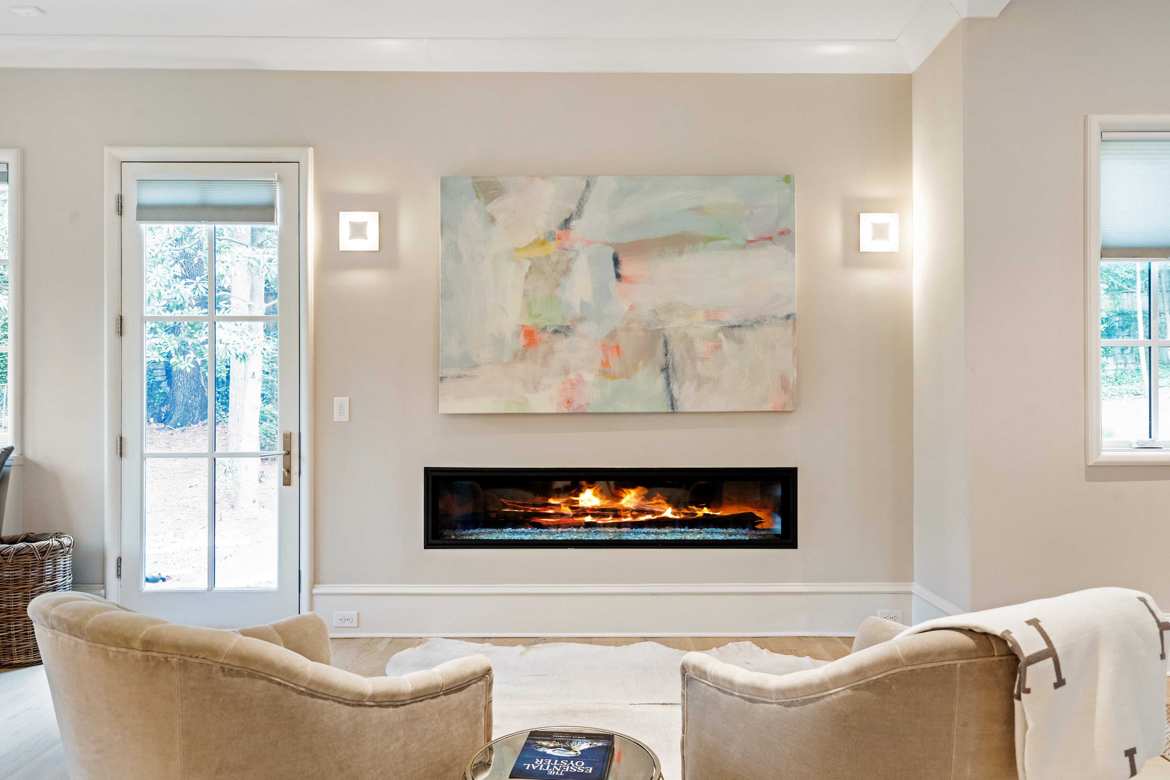 A view of the fireplace in the family room.