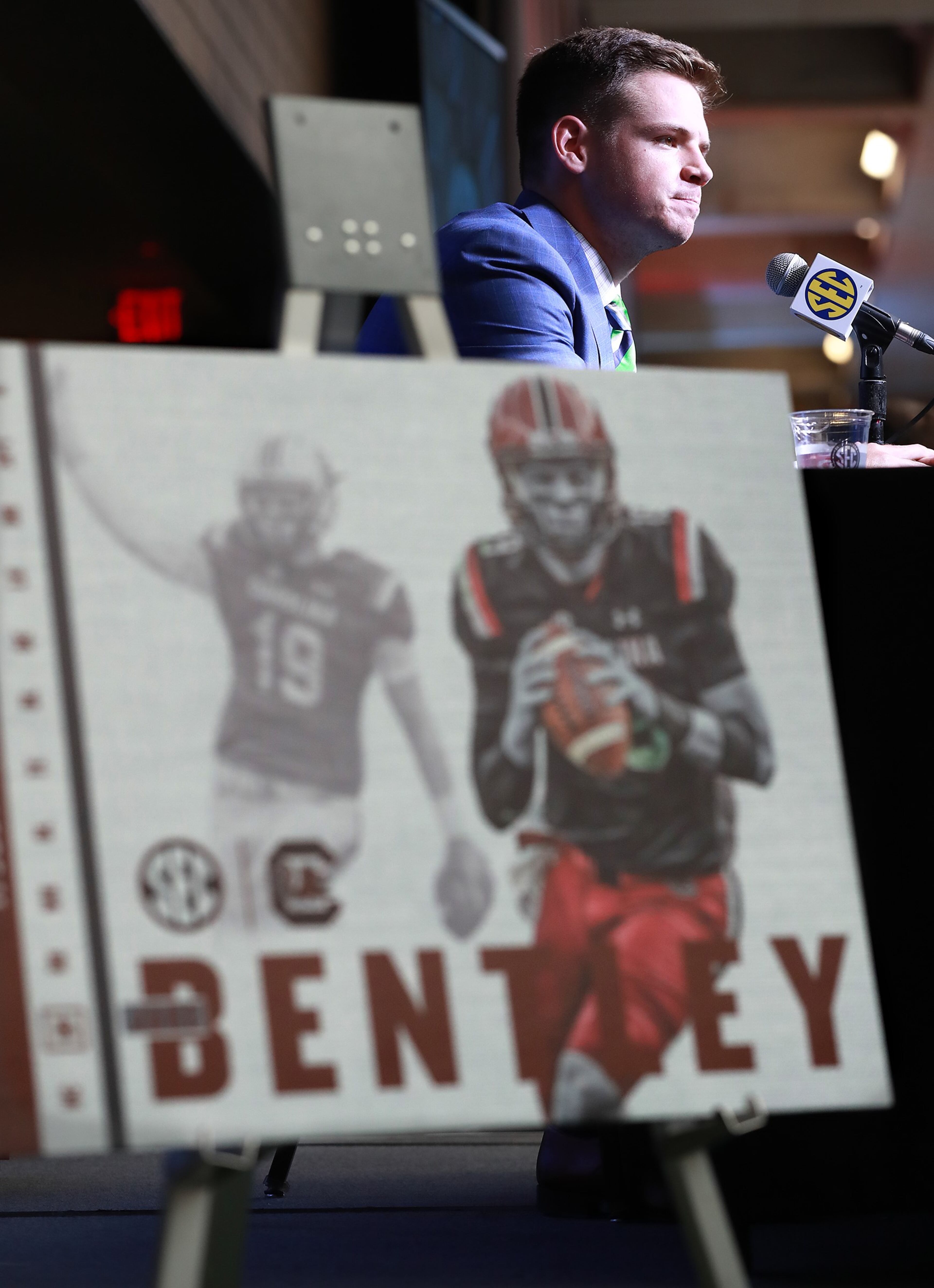 July 19, 2018 Atlanta: South Carolina quarterback Jake Bentley holds his SEC Media Days press conference at the College Football Hall of Fame on Thursday, July 19, 2018, in Atlanta. Curtis Compton/ccompton@ajc.com