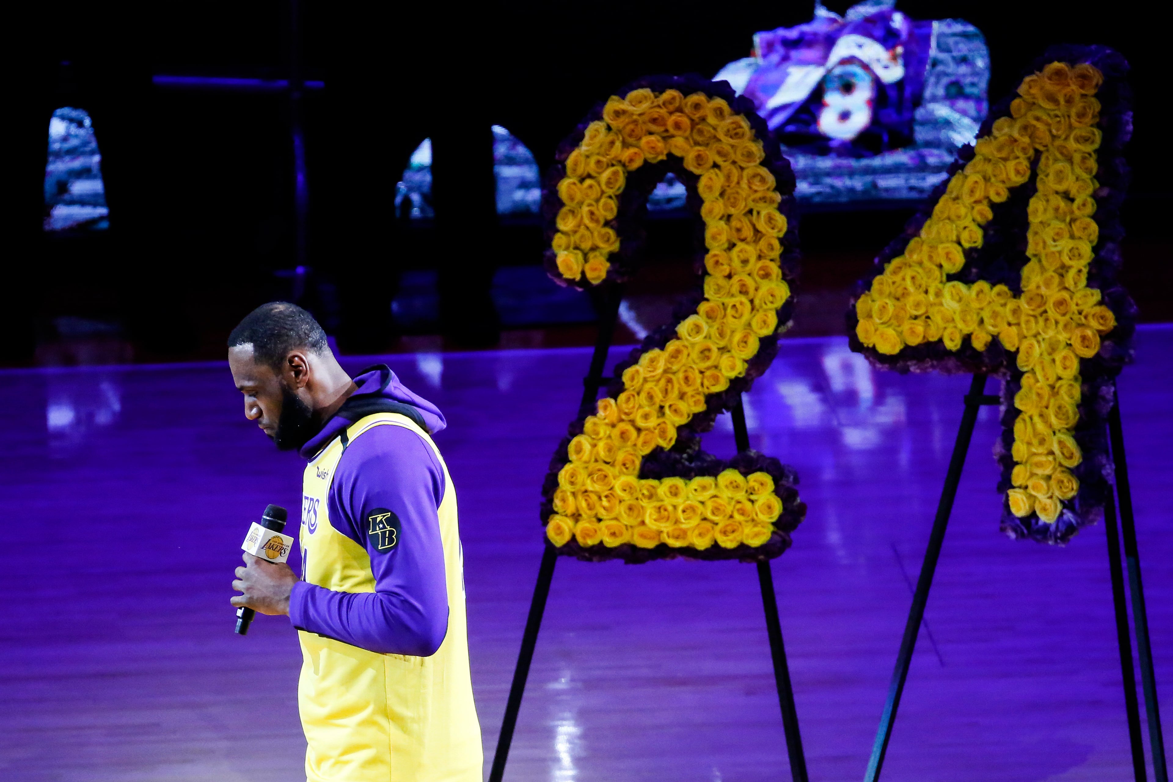 Los Angeles Lakers' LeBron James, wearing a No. 24 jersey, speaks about Kobe Bryant prior to an NBA game between the Lakers and the Portland Trail Blazers on Friday, Jan. 31, 2020, in Los Angeles. Bryant, the 18-time NBA All-Star who won five championships and became one of the greatest basketball players of his generation during a 20-year career with the Lakers, died in a helicopter crash Sunday. (AP Photo/Ringo H.W. Chiu)