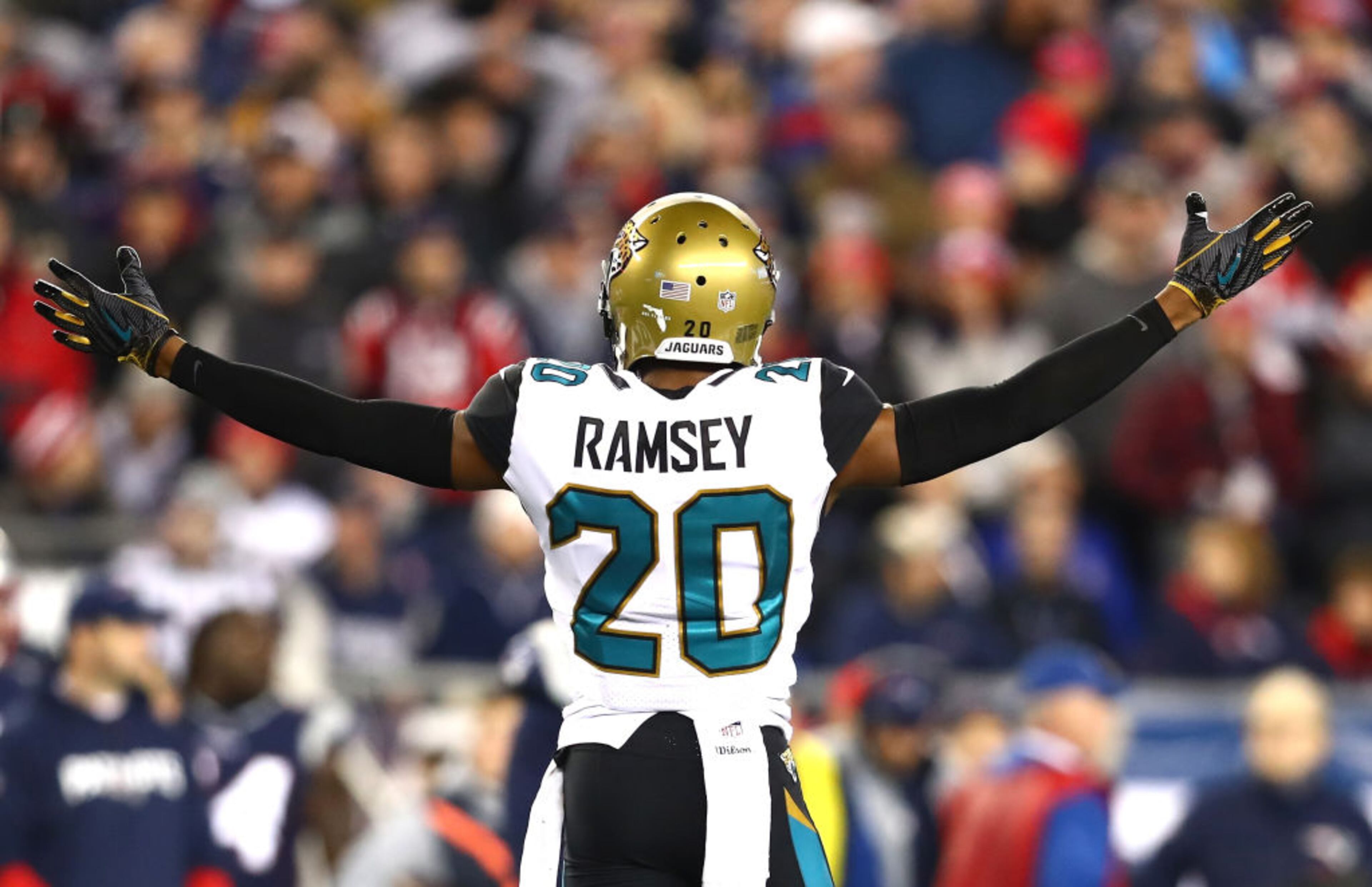 FOXBOROUGH, MA - JANUARY 21: Jalen Ramsey #20 of the Jacksonville Jaguars reacts during the second half of the AFC Championship Game against the New England Patriots at Gillette Stadium on January 21, 2018 in Foxborough, Massachusetts. (Photo by Adam Glanzman/Getty Images)