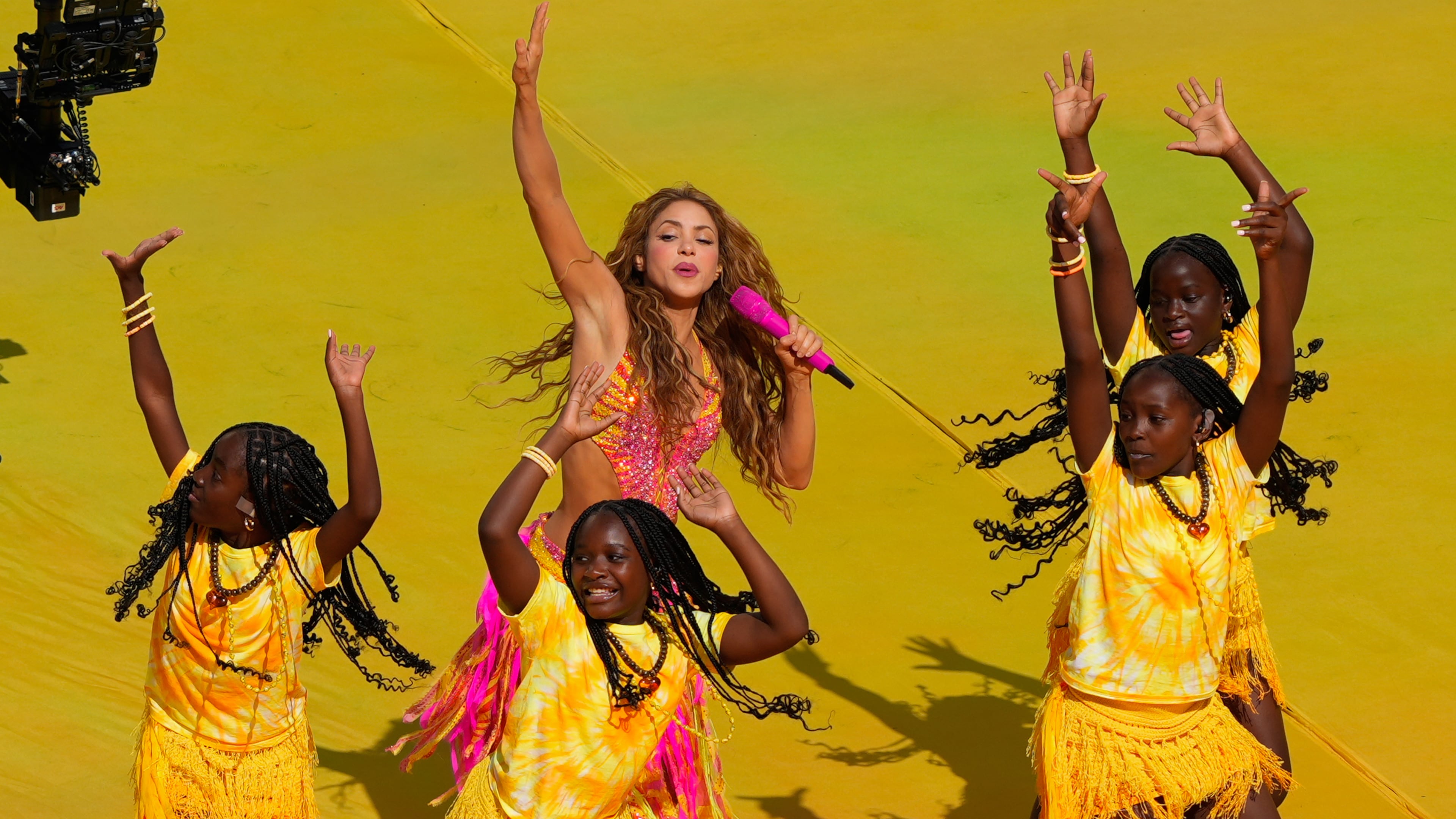 Shakira performs at halftime of the World Cup final soccer match between Spain and Argentina in East Rutherford, N.J., near New York, Sunday, July 19, 2026. (AP Photo/Yuki Iwamura)