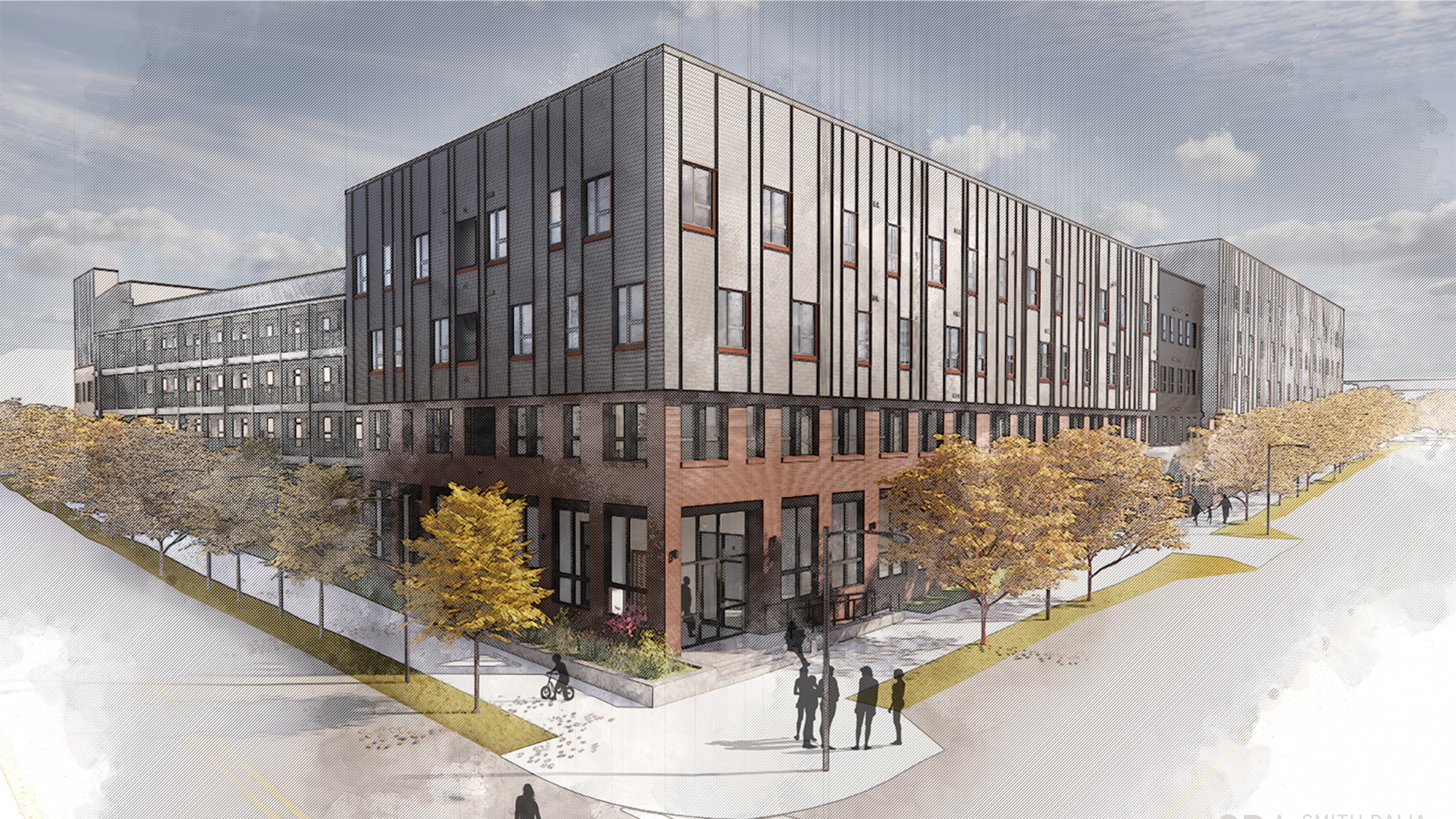 Rendering of McAuley Station, a 170-unit affordable housing complex that recently broke ground.