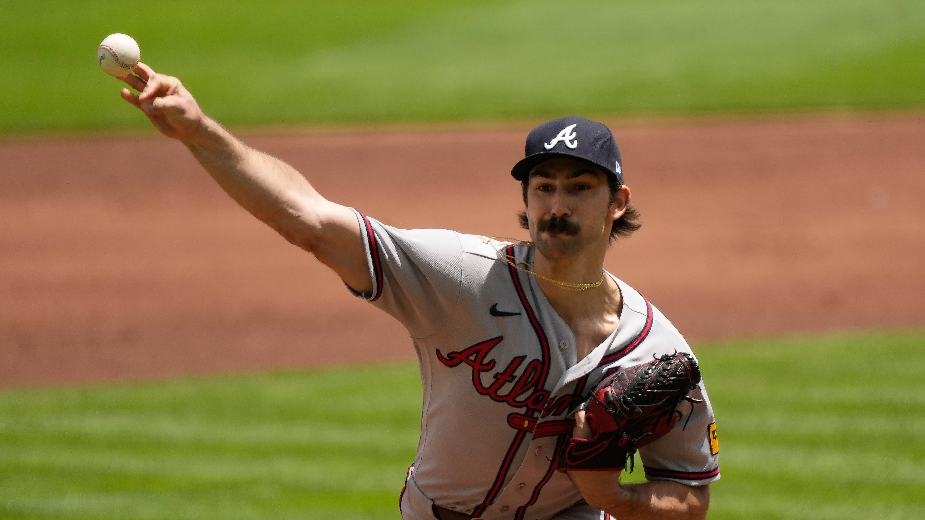 Atlanta Braves pitcher Spencer Strider throws during the first inning of a baseball game against the Cincinnati Reds in Cincinnati, Sunday, May 31, 2026. (AP Photo/Carolyn Kaster)