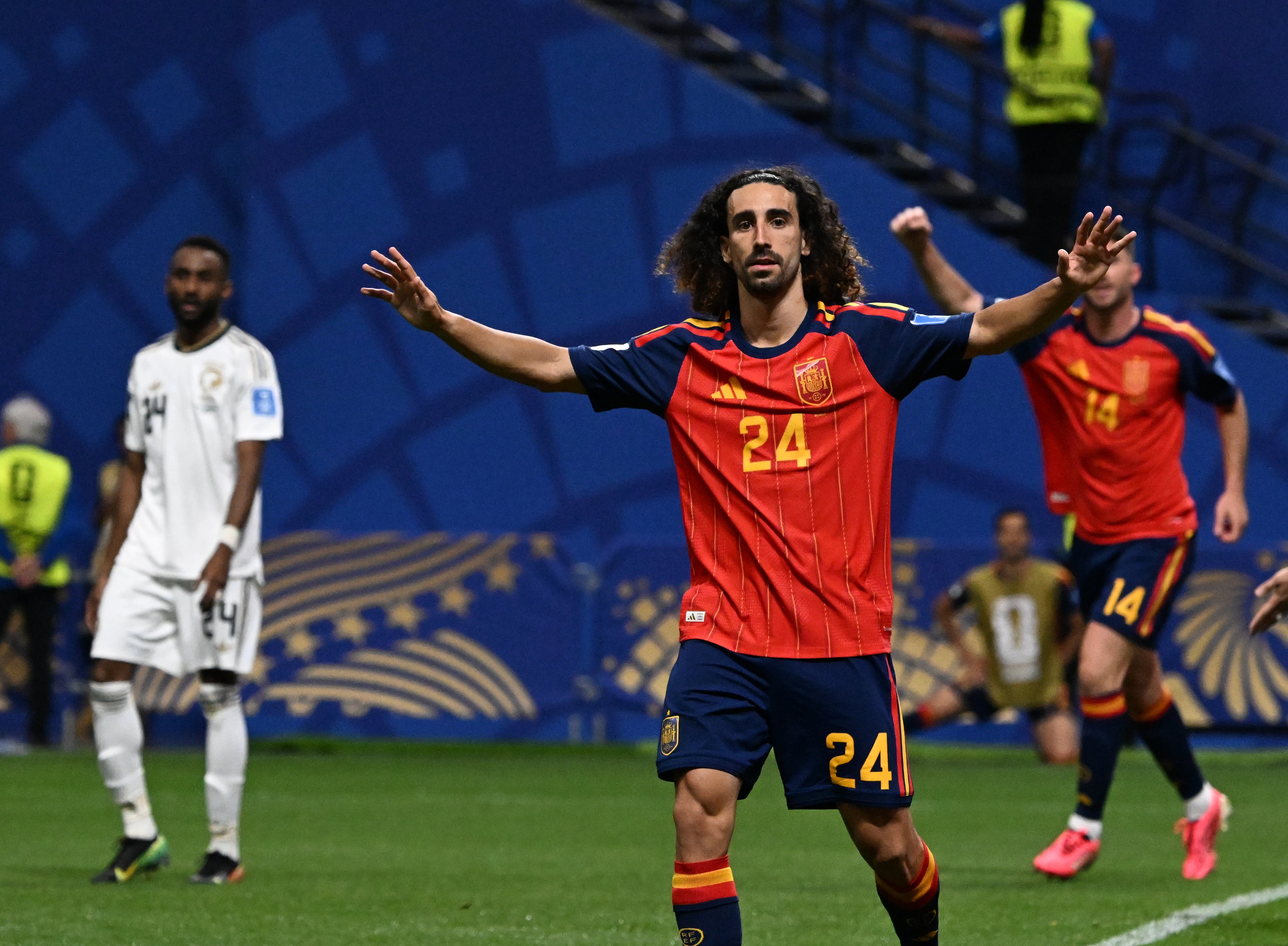 Spain's Marc Cucurella celebrates his shot off Saudi Arabia goalkeeper Mohammed Al-Owais for a goal during the second half of the Spain vs. Saudi Arabia World Cup match Sunday, June 21, 2026, at Atlanta Stadium. (Hyosub Shin/AJC)