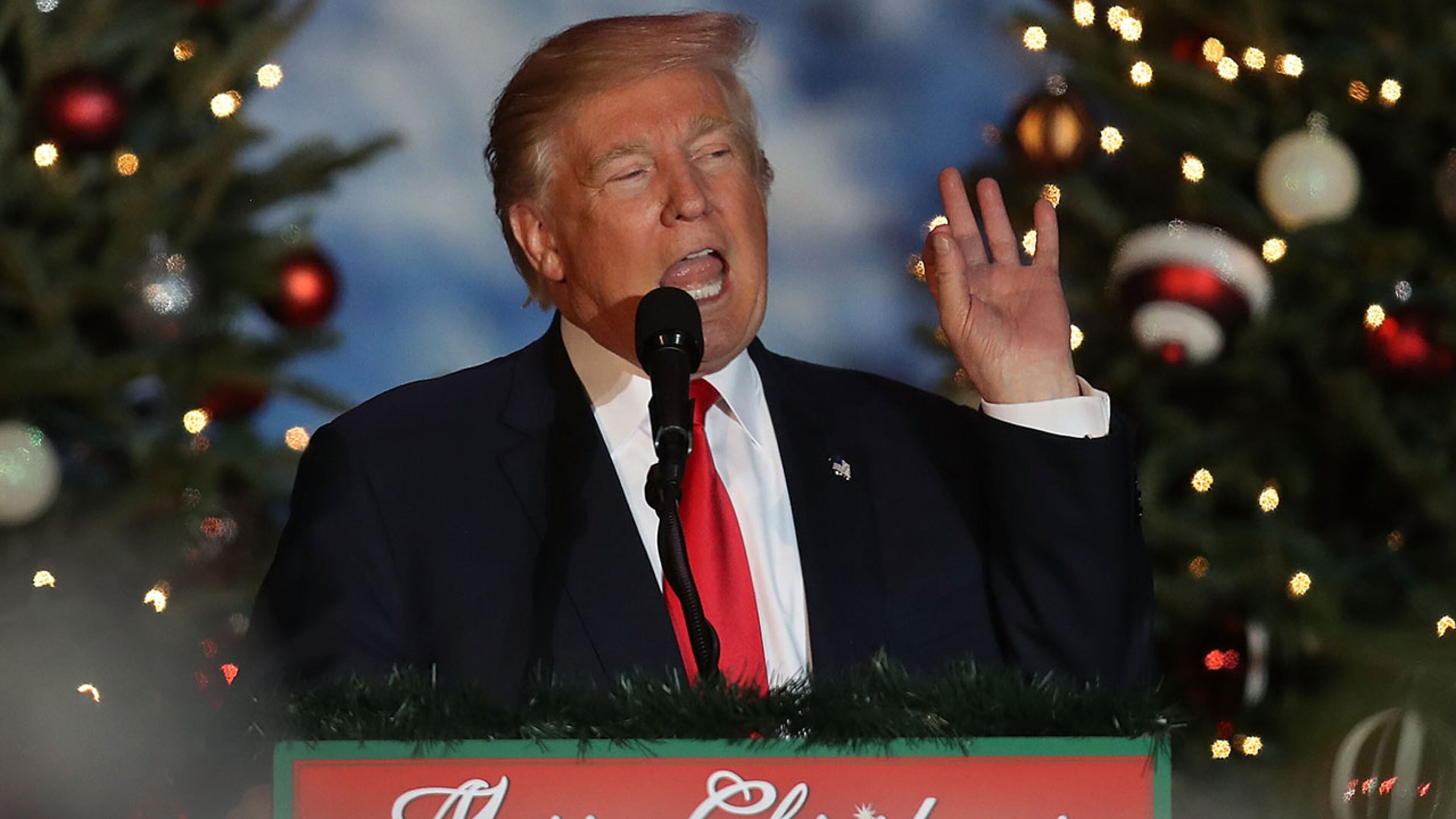 ORLANDO, FL - DECEMBER 16: President-elect Donald Trump speaks during a stop on his "USA Thank You Tour 2016." at the Orlando Amphitheater at the Central Florida Fairgrounds on December 16, 2016 in Orlando, Florida. President-elect Trump has been visiting several states that he won, to thank people for their support during the U.S. election. (Photo by Joe Raedle/Getty Images)