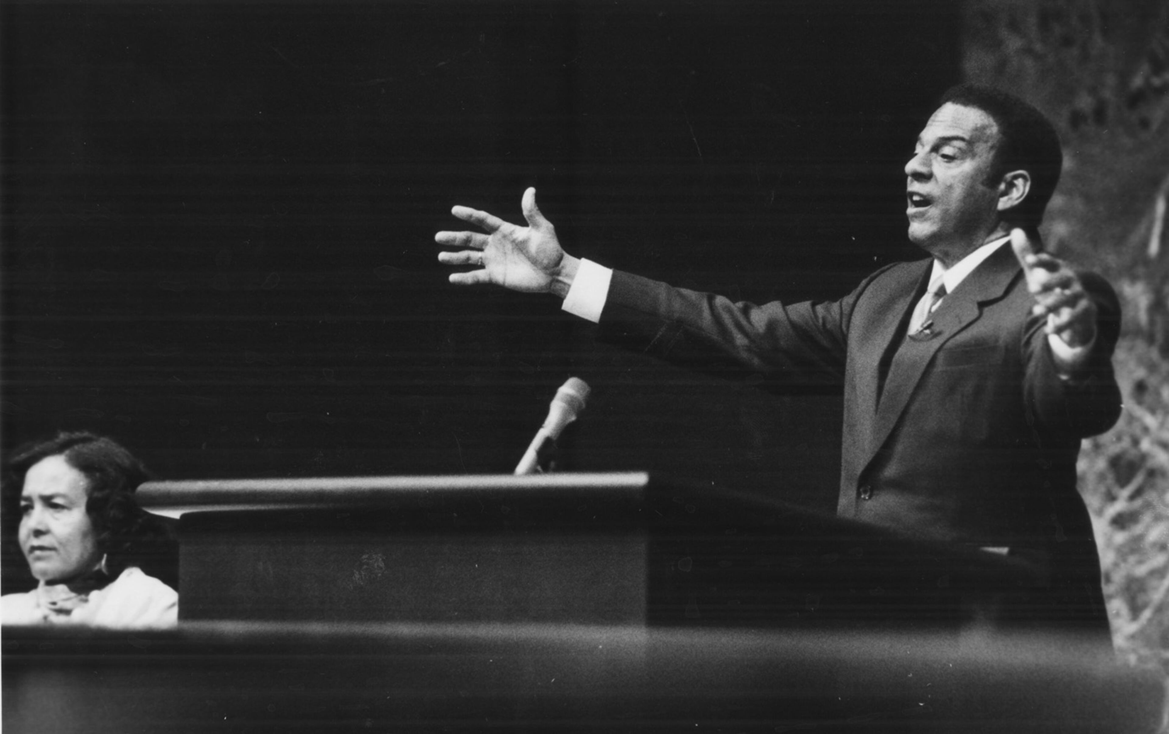Known internationally for his commitment to economic development, Young was uniquely qualified to turn Atlanta into an international city. He encouraged more foreign direct investment in the city and refurbished existing city assets such as Underground Atlanta, City Hall and Zoo Atlanta. He is seen here delivering his State of the City address to City Council in 1989. (Andy Sharp / AJC file)