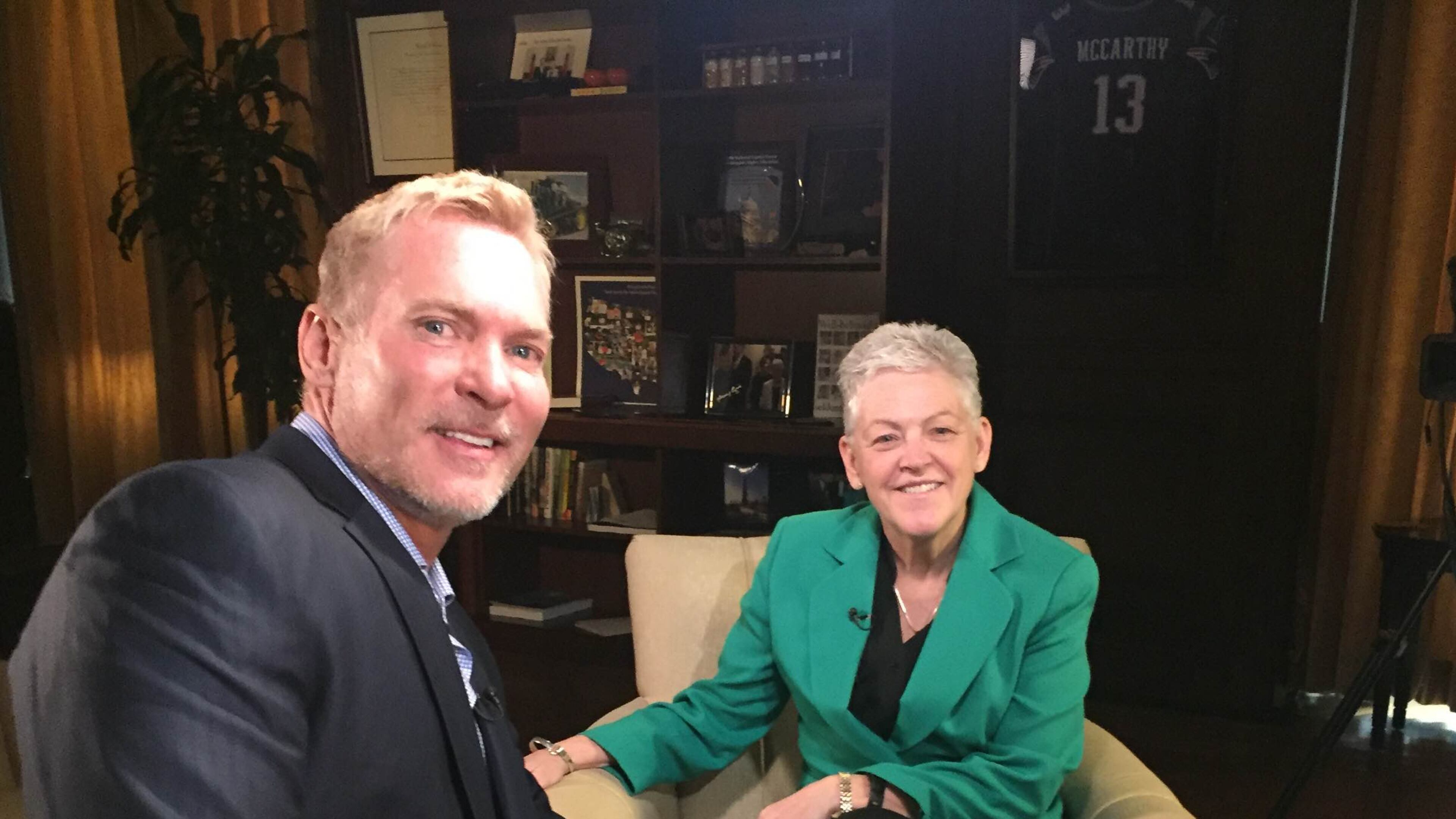 Sam Champion on the set of his new show with EPA administrator Gina McCarthy. CREDIT: Weather Channel