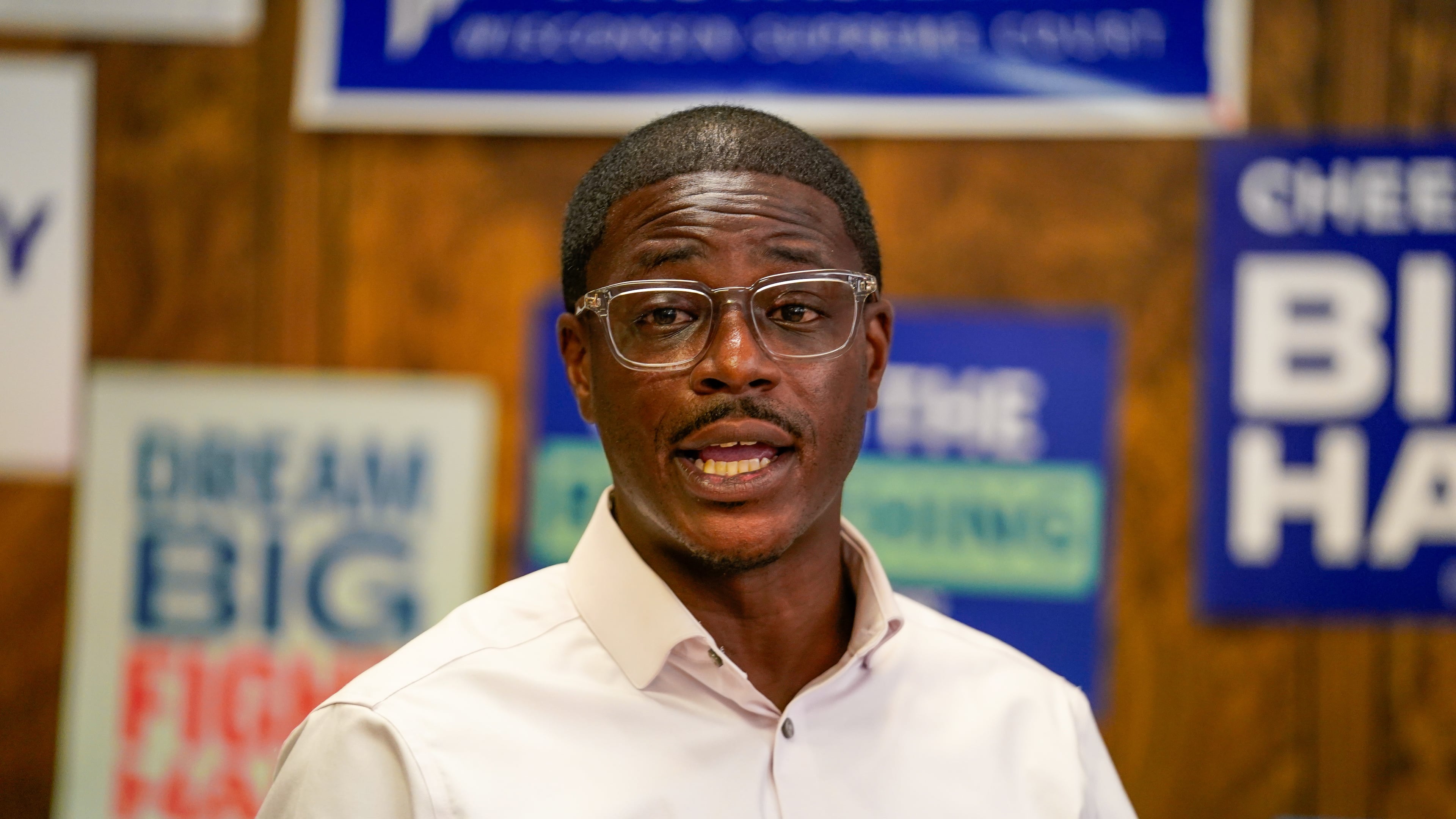 David Crowley, Democratic candidate for Wisconsin governor speaks to supporters gathered at the Sheboygan County Democratic Party office during a campaign stop Friday, Aug. 7, 2026, in Sheboygan, Wis. (AP Photo/Kayla Wolf)