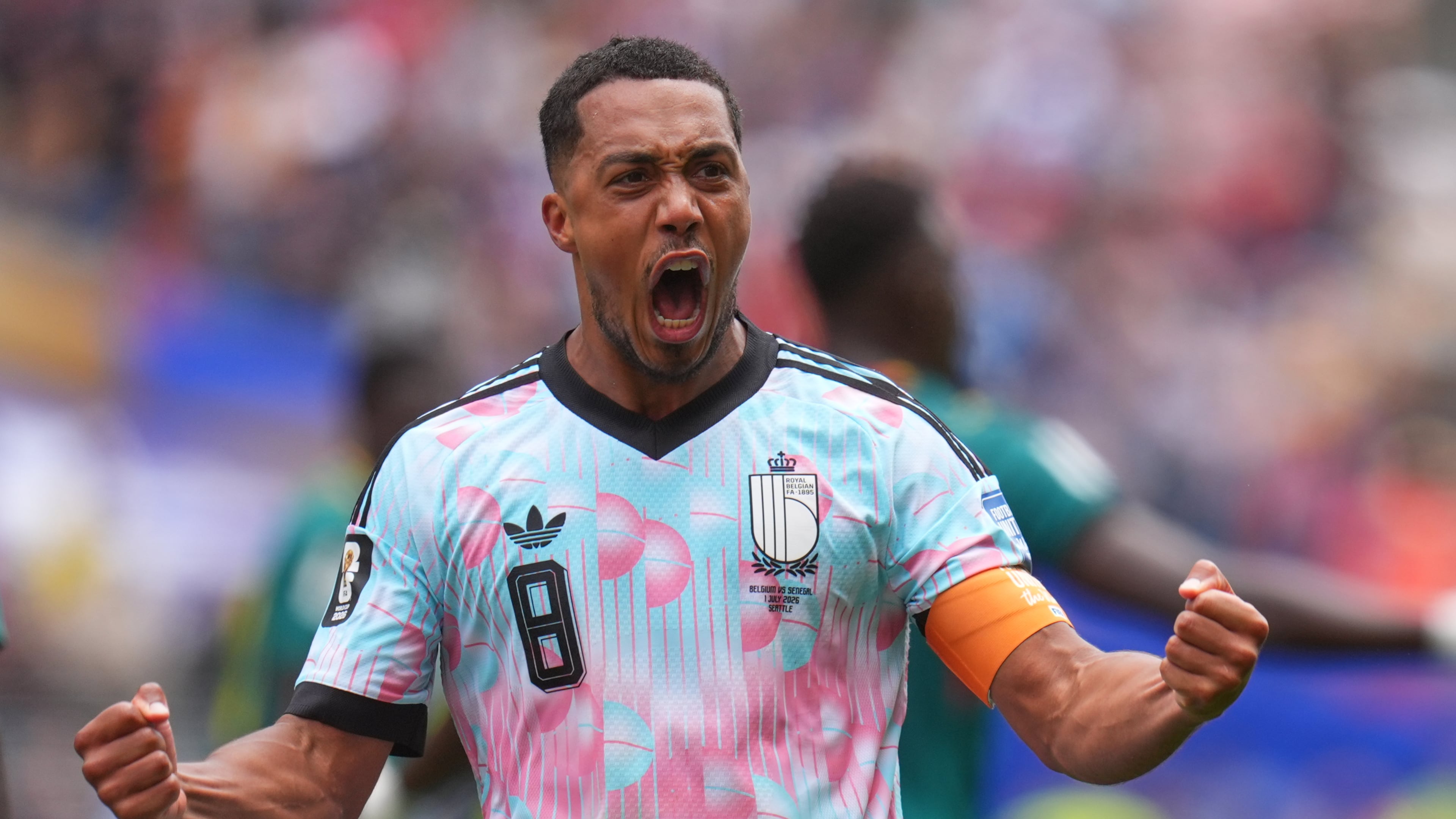 Belgium's Youri Tielemans (8) celebrates after scoring during the World Cup round of 32 soccer match between Belgium and Senegal in Seattle, Wednesday, July 1, 2026. (AP Photo/Manu Fernandez)