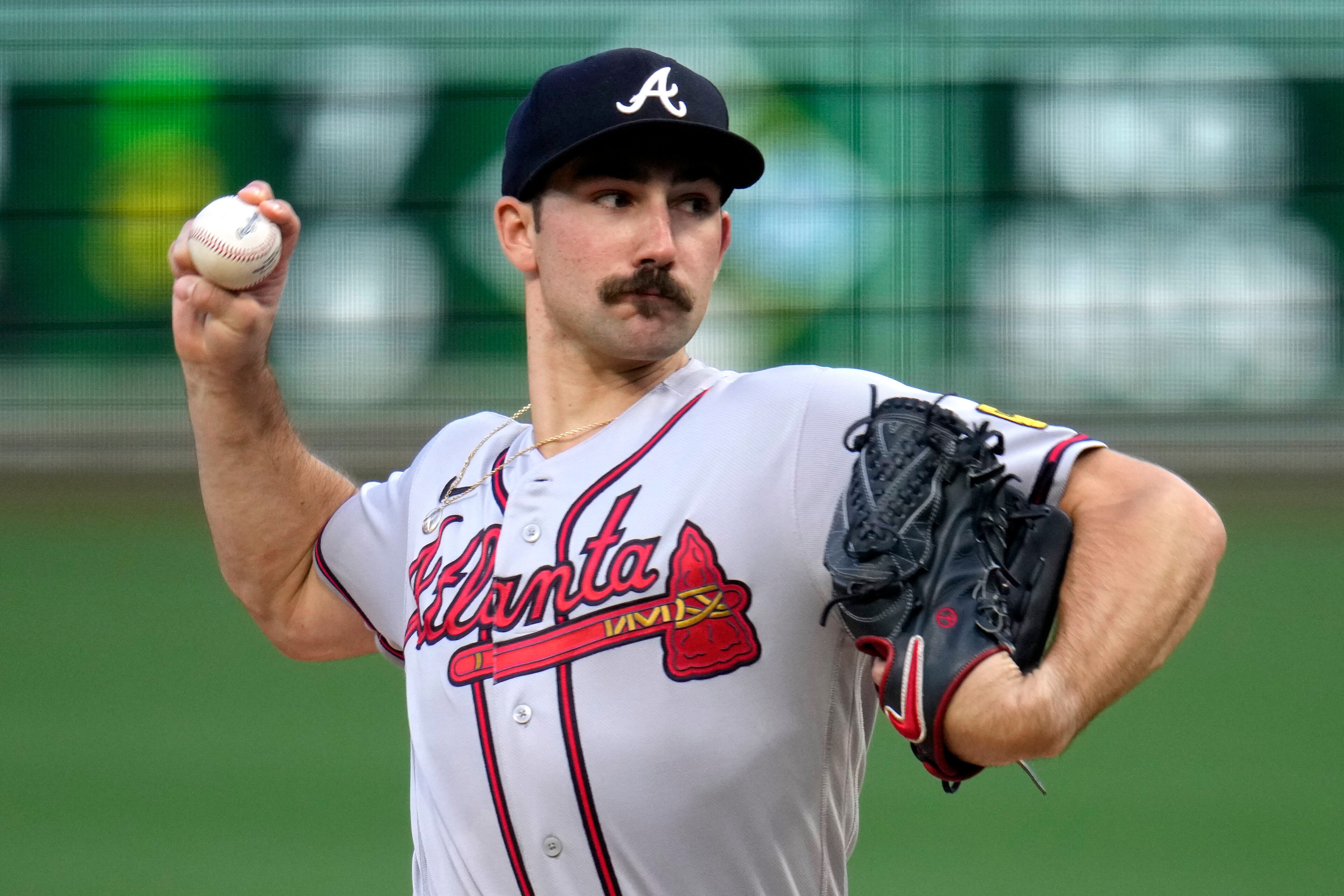 Spencer Strider lasted only 2 2/3 innings against the Pirates, allowing six runs on five hits. He also had three walks and three strikeouts. (AP Photo/Gene J. Puskar)