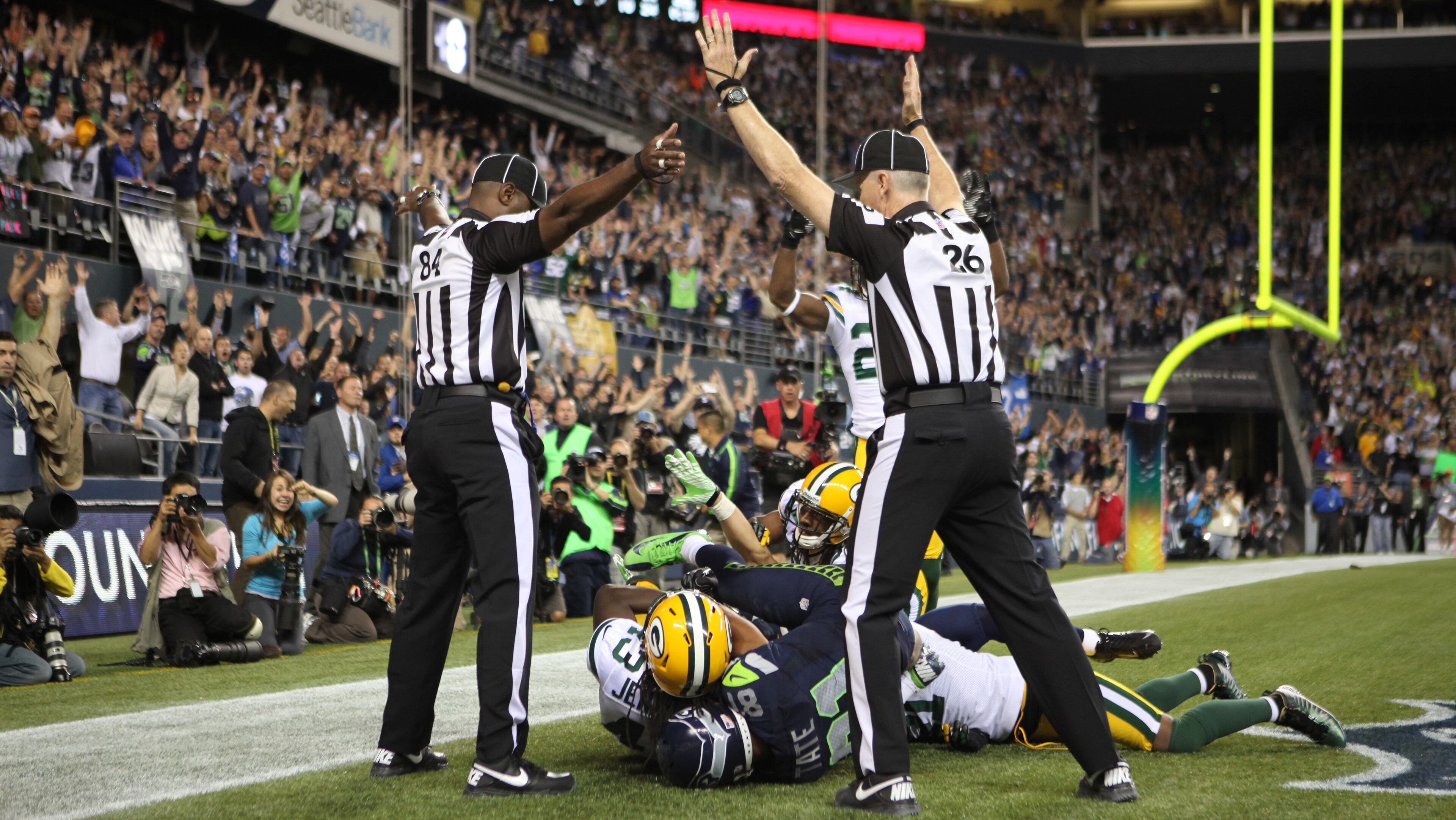 Wide receiver Golden Tate of the Seattle Seahawks makes a catch in the end zone to defeat the Green Bay Packers on a controversial call by the officials Sept. 24, 2012, at CenturyLink Field on in Seattle.