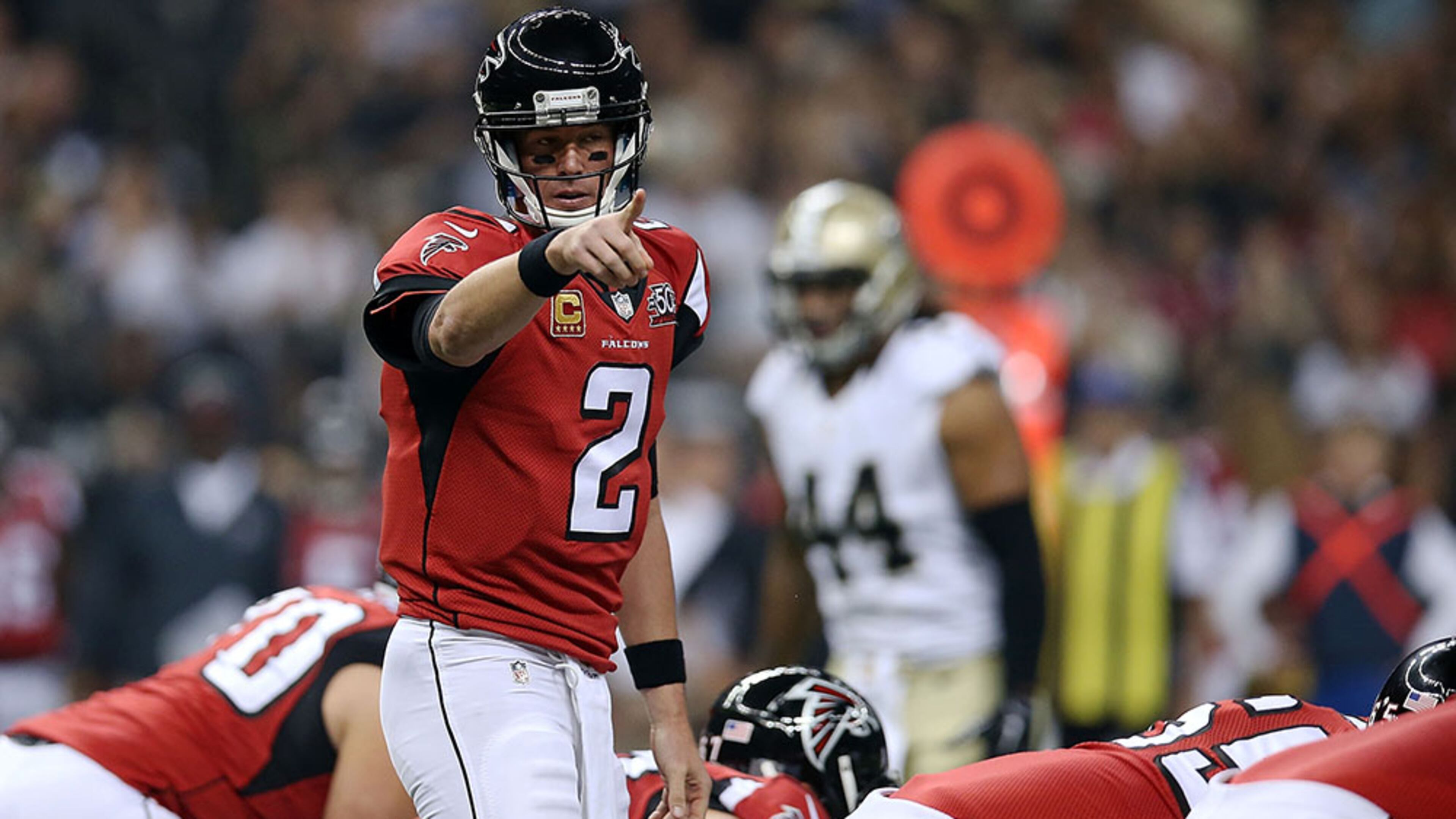 Falcons quarterback Matt Ryan calls a play at the line during the first quarter of a game against the New Orleans Saints at the Mercedes-Benz Superdome on Oct. 15, 2015, in New Orleans. (Photo by Chris Graythen/Getty Images)
