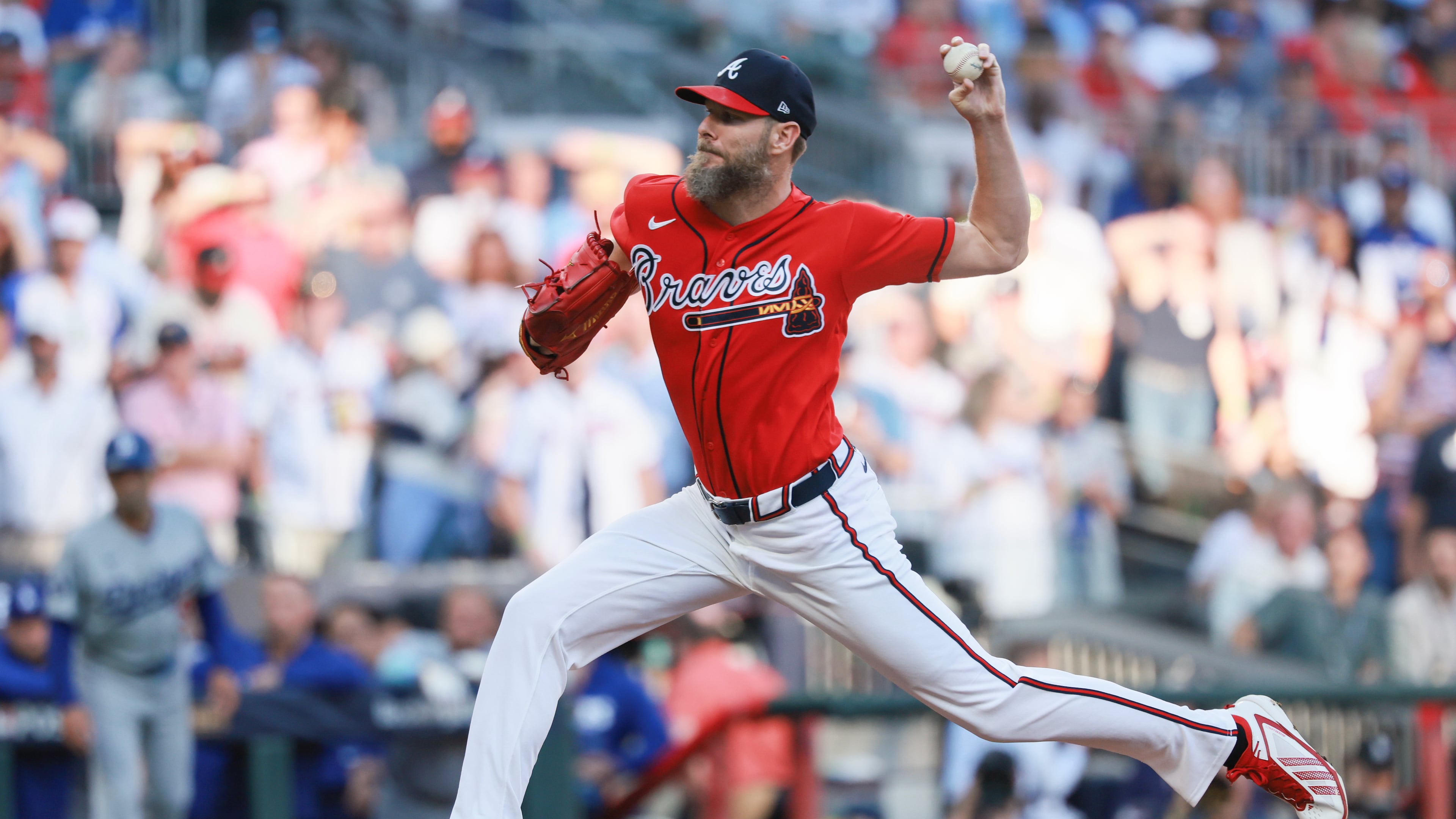 Braves pitcher Chris Sale delivers to a Dodgers batter during Game 3 of their National League Division Series on Tuesday, Oct. 6, 2026, in Atlanta. (Jason Getz/AJC)