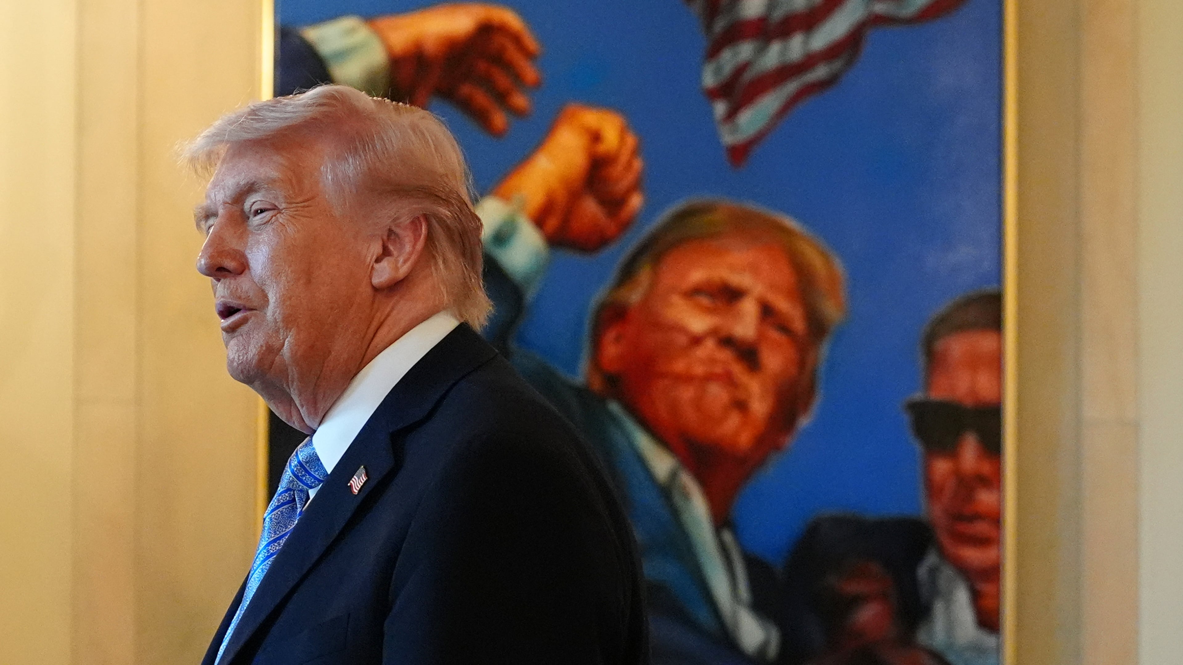 President Donald Trump talks with small business owners in the Grand Foyer of the White House, Monday, May 4, 2026, in Washington. (AP Photo/Jacquelyn Martin)