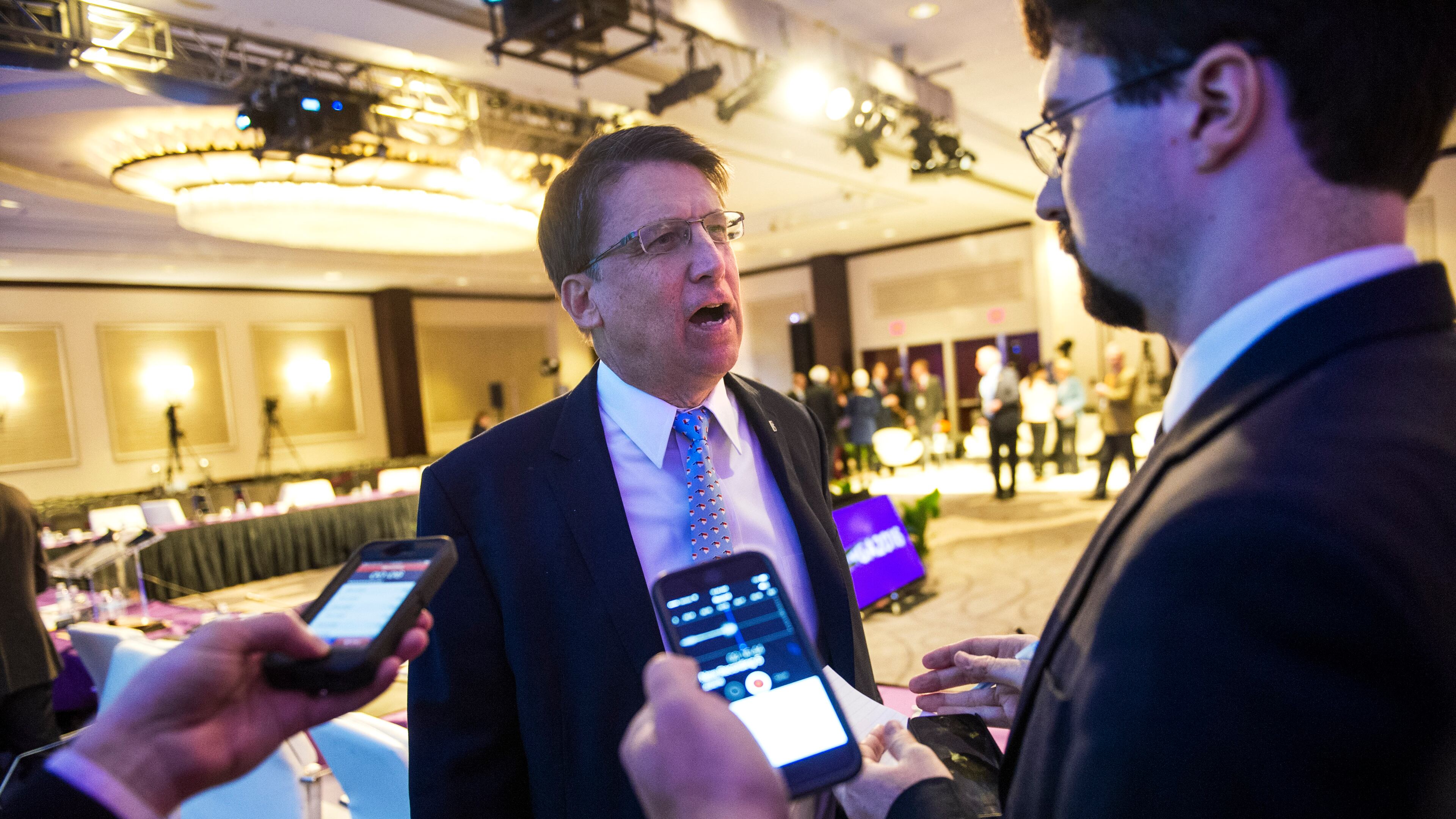 North Carolina Gov. Pat McCrory speaks with reporters in this February file photo. AP/Cliff Owen