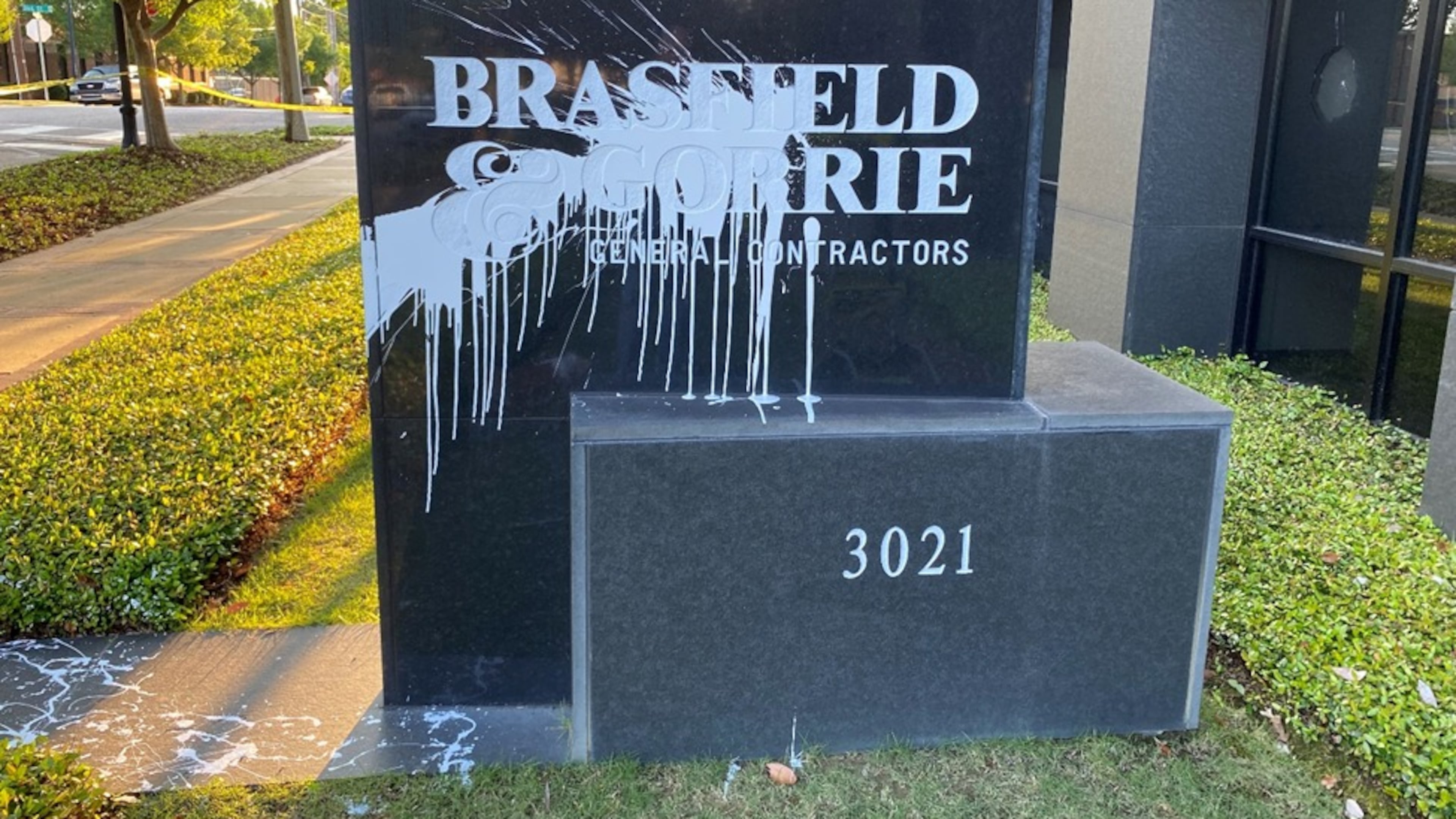 Brasfield & Gorrie, general contractor for the Atlanta Public Safety Training Center, was a target of activists opposed to the project, officials say. The company's Alabama office, shown here, was vandalized. Now, two people face federal charges after authorities allege they used fire and explosives to damage the company's Cobb County offices in 2022. (Courtesy of Crime Stoppers Greater Atlanta)
