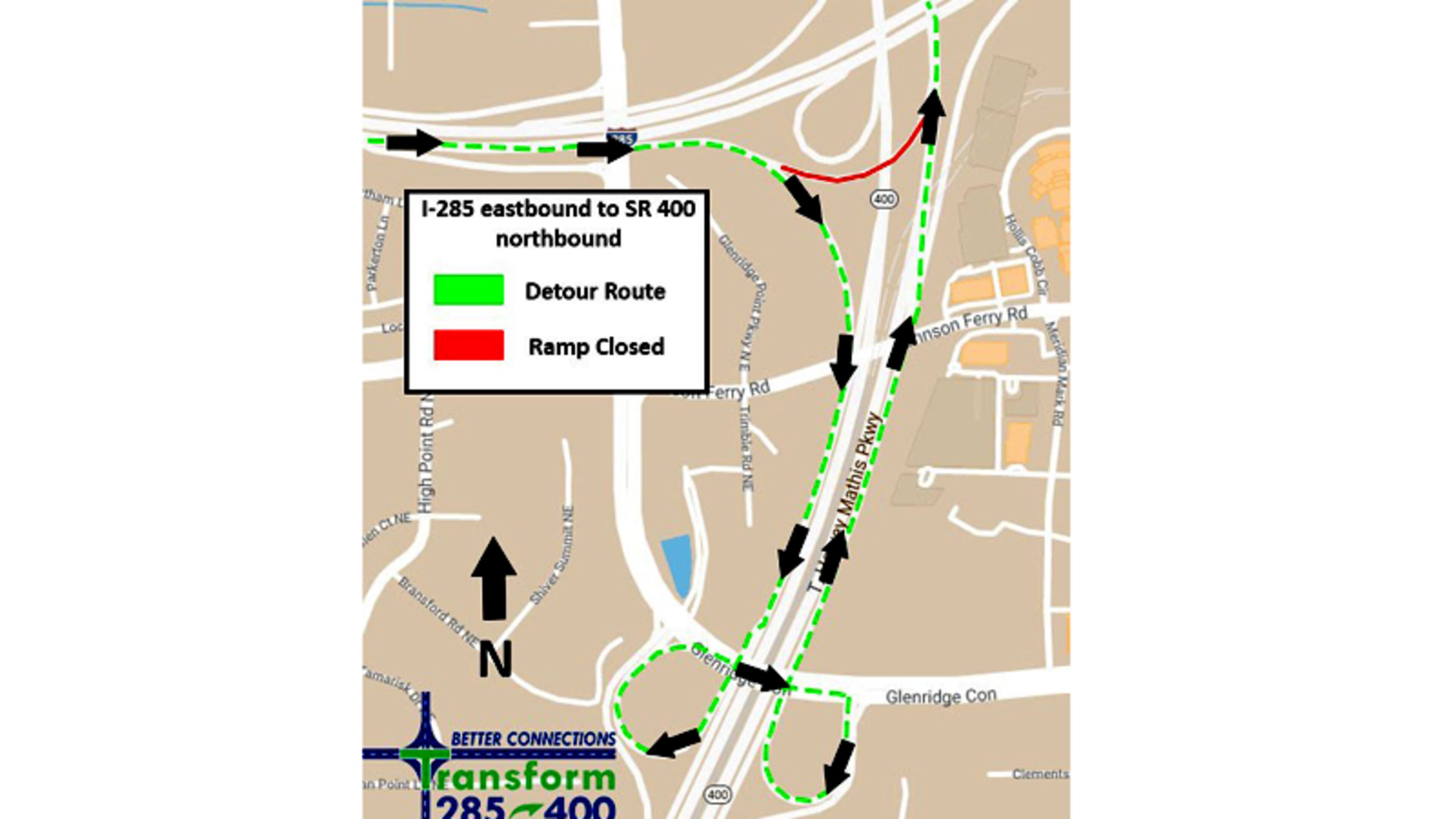Map depicts the recommended detour when the ramp from eastbound I-285 to northbound Ga. 400 is closed for construction in the Perimeter area of North Fulton and DeKalb counties. GEORGIA DEPARTMENT OF TRANSPORTATION