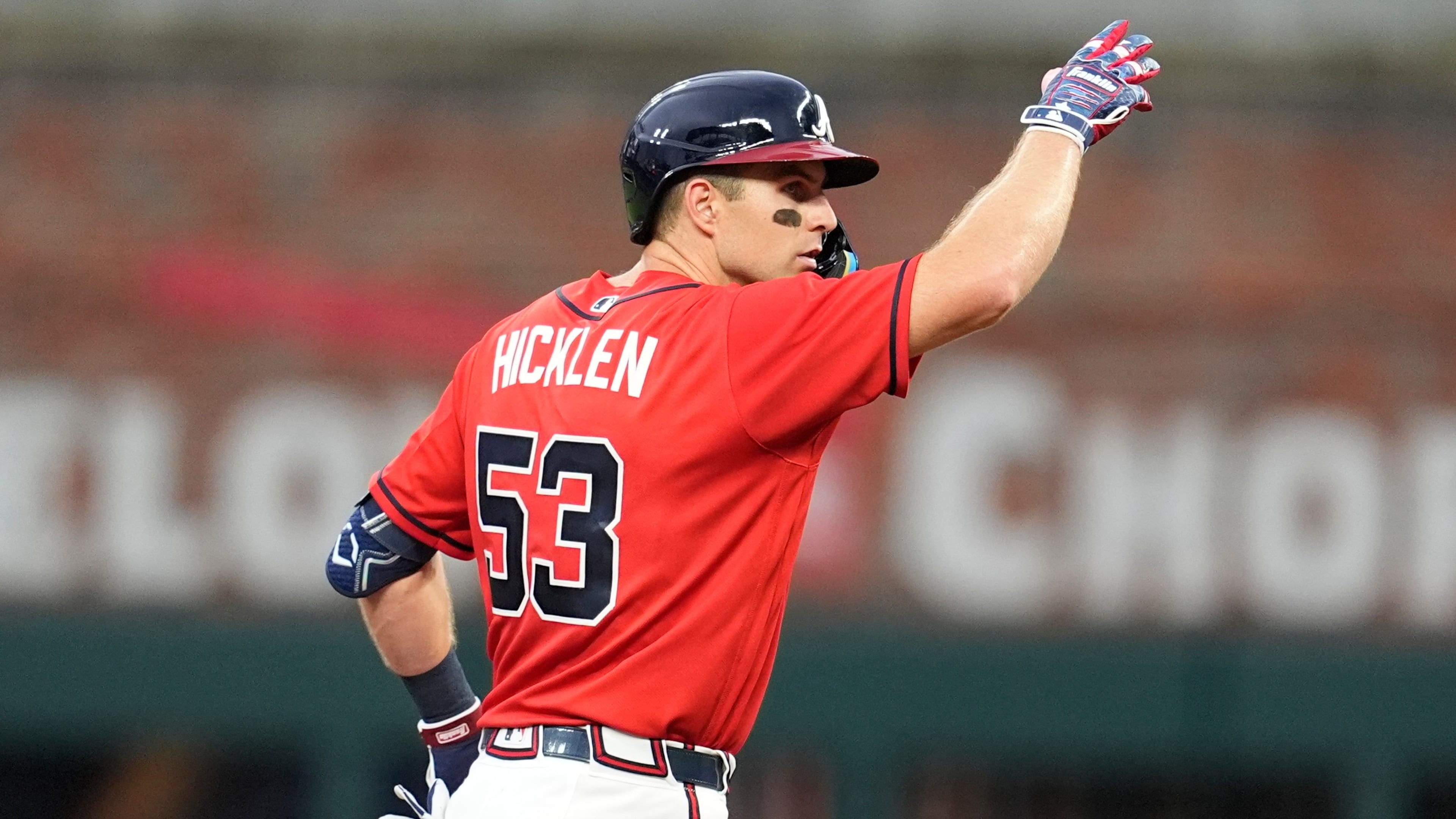 Atlanta Braves' Brewer Hicklen celebrates hitting a double in the fourth inning against the Texas Rangers, Friday, July 17, 2026, in Atlanta. (Mike Stewart/AP)