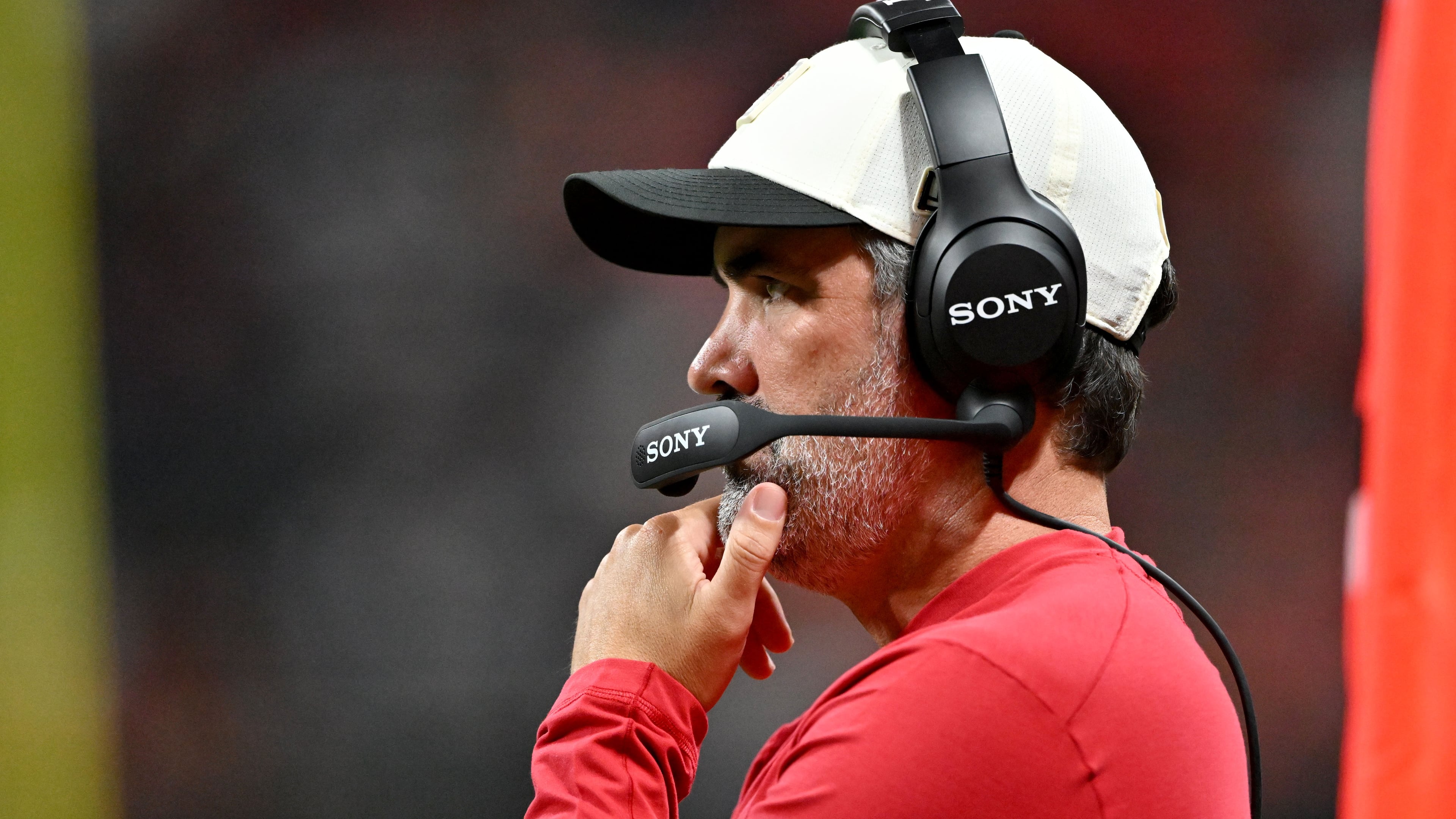 Falcons coach Kevin Stefanski watches from the sidelines as his team takes on the Denver Broncos during their preseason game at Mercedes-Benz Stadium on Friday, Aug. 14, 2026, in Atlanta. (Hyosub Shin/AJC)