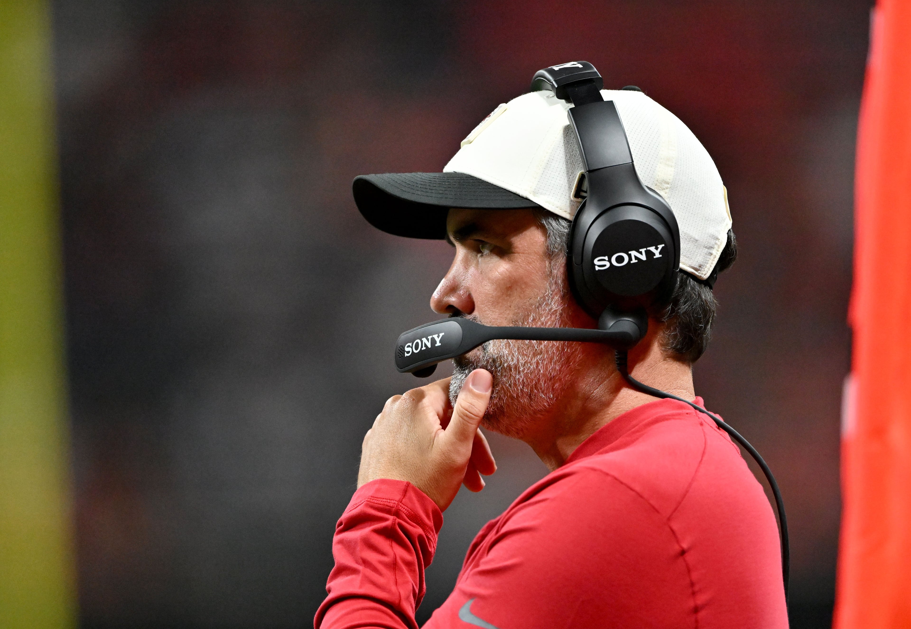 Falcons coach Kevin Stefanski watches as his team takes on the Denver Broncos during their preseason game at Mercedes-Benz Stadium on Friday, Aug. 14, 2026, in Atlanta. (Hyosub Shin/AJC)