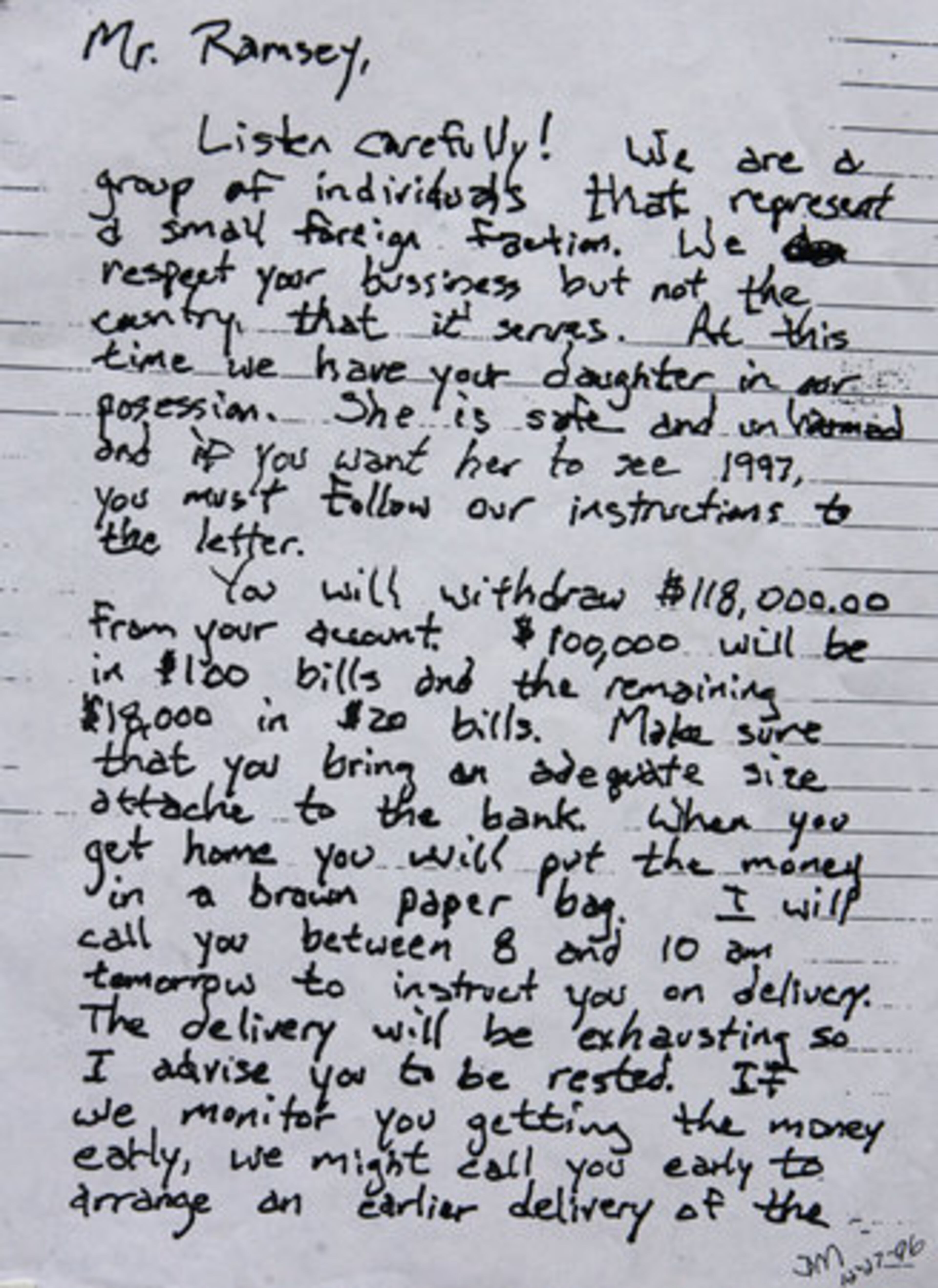 A copy of the first page of the original ransom note found in the home of John and Patsy Ramsey, released by by then Boulder District Attorney Alex Hunter in Sept. 1997.