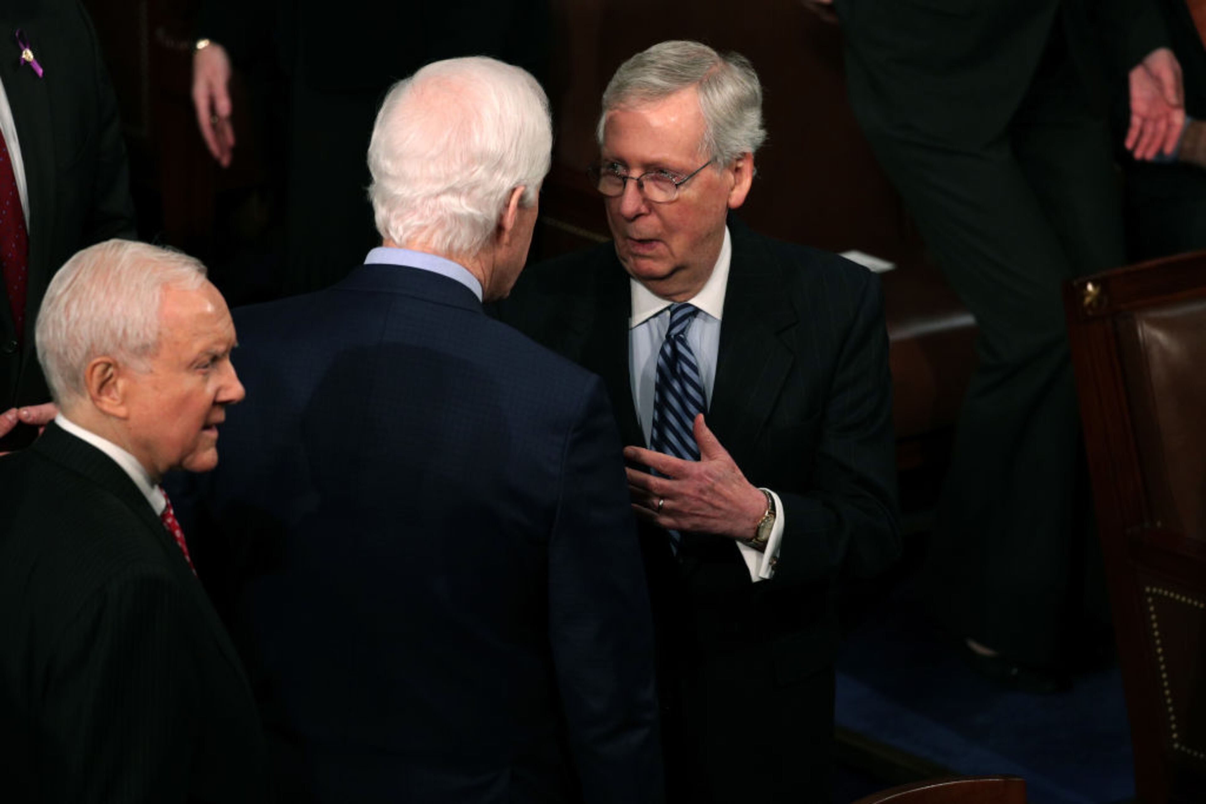 WASHINGTON, DC - JANUARY 30: U.S. Senate Majority Leader Sen. Mitch McConnell (R-KY) (R) attends the State of the Union address in the chamber of the U.S. House of Representatives January 30, 2018 in Washington, DC. This is the first State of the Union address given by U.S. President Donald Trump and his second joint-session address to Congress. (Photo by Alex Wong/Getty Images)