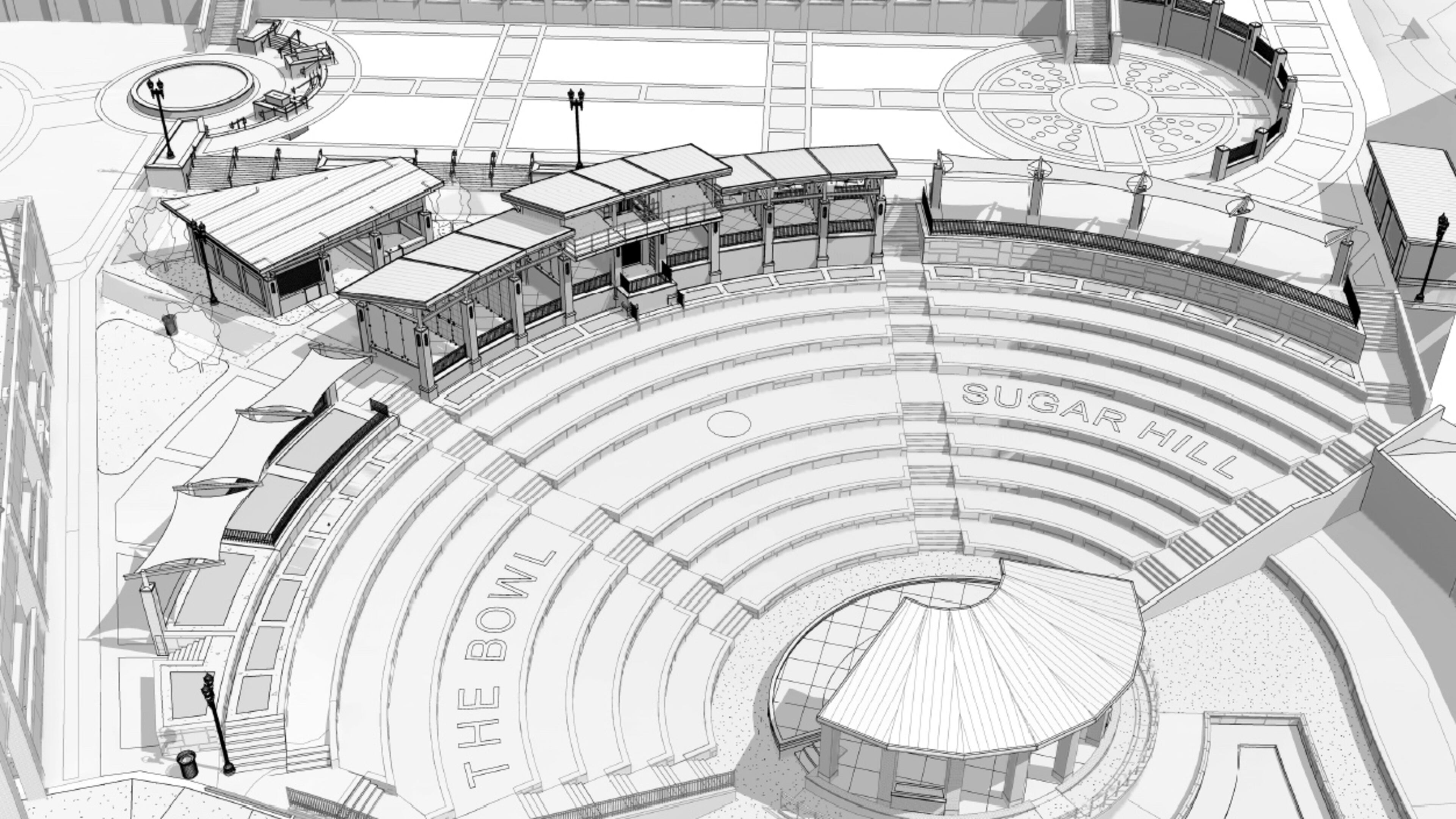 Improvements to Sugar Hill’s the Bowl concert venue include a new concession kiosk between City Hall and the suites, upgraded seating options and surface materials in the Bowl, and permanent divider panels in the suites. (Courtesy City of Sugar Hill)