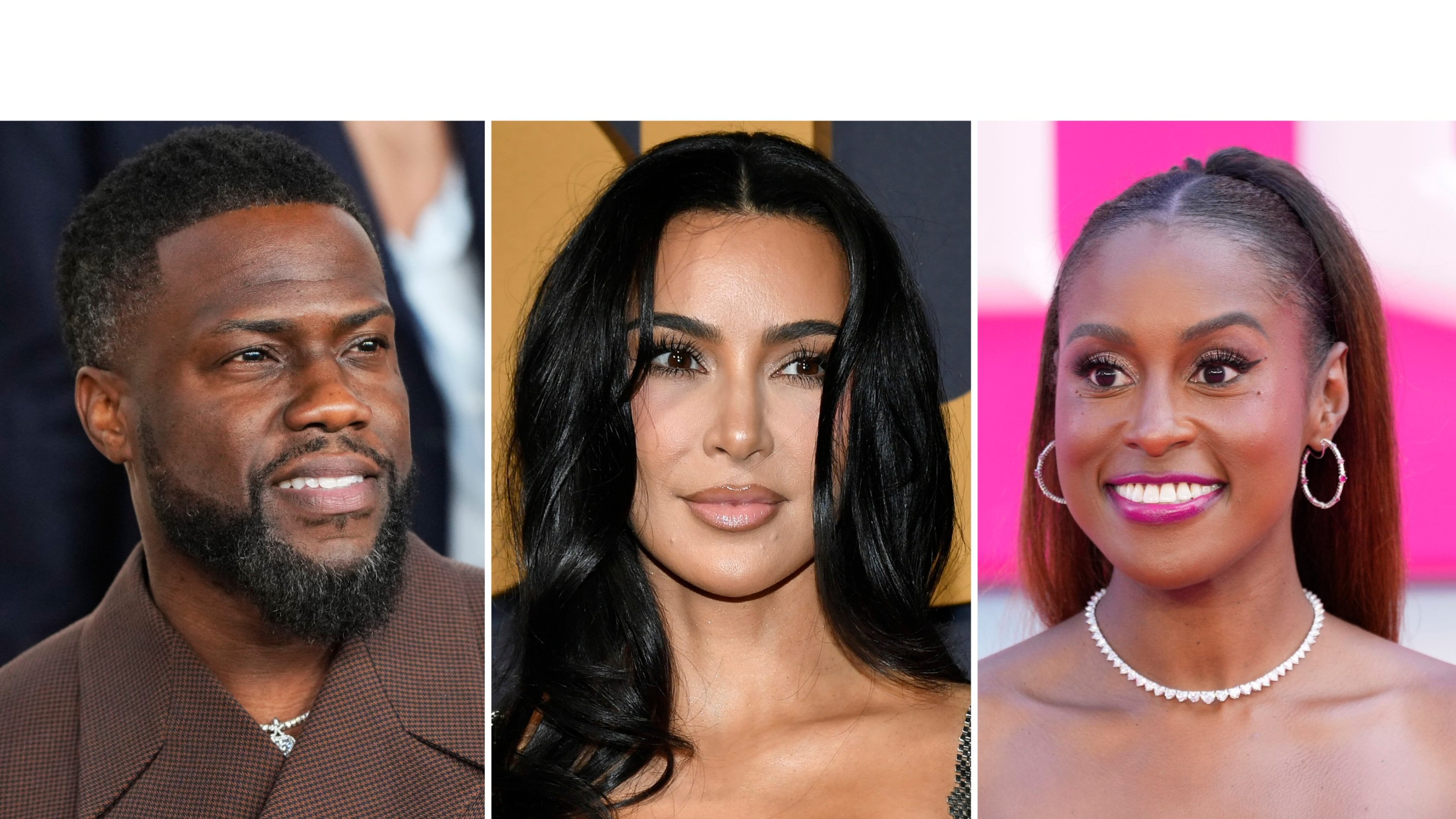 In this combination photo, Kevin Hart attends the "Lift" premiere in New York on Jan. 8, 2024, left, Kim Kardashian attends the SNL50: The Anniversary Special in New York on Feb. 16, 2025, center, and Issa Rae appears at the premiere of "Barbie" in London on July 12, 2023. (AP Photo)