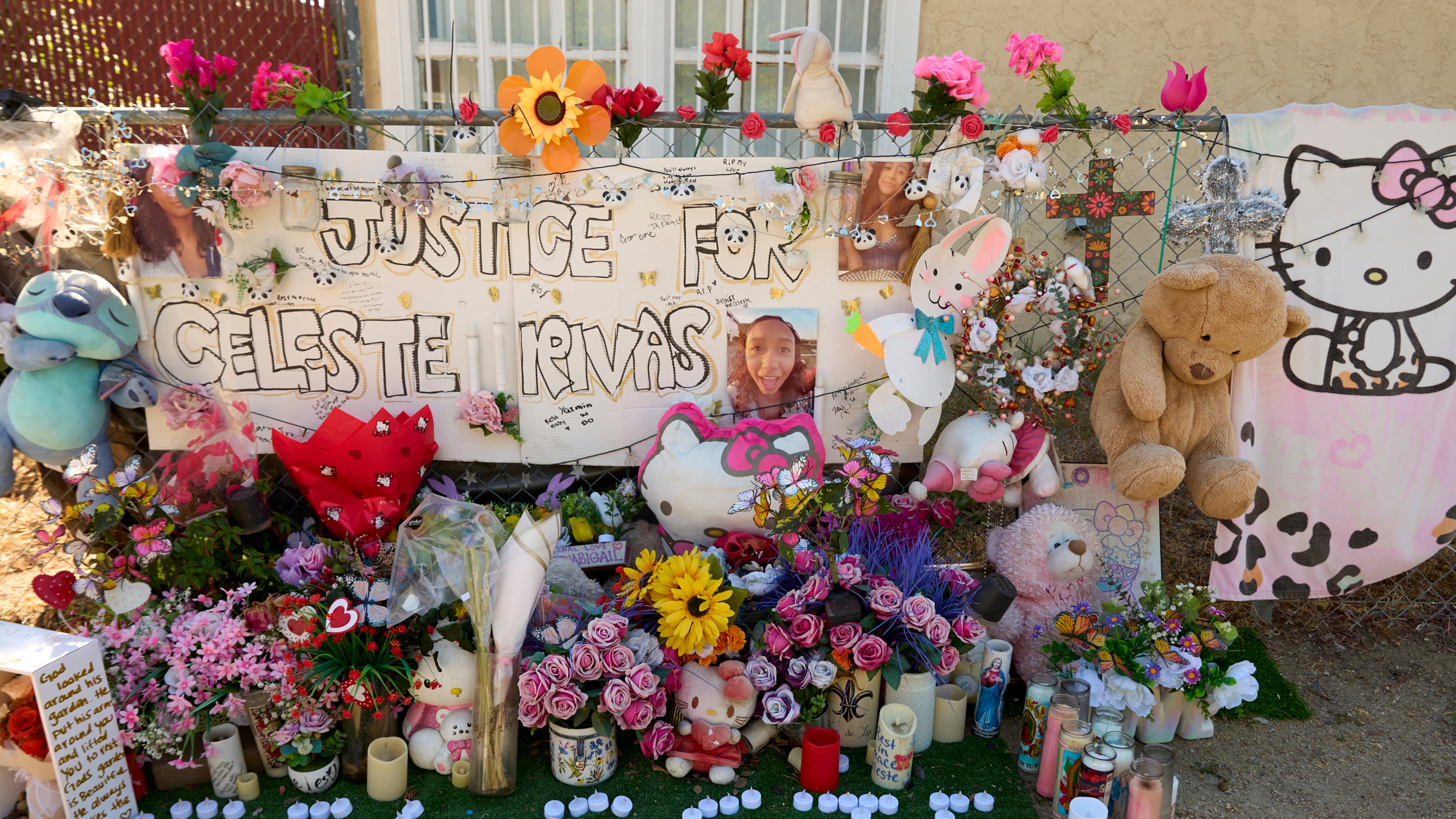 A makeshift Memorial for Celeste Rivas Hernandez, who was killed and found inside a vehicle owned by singer D4vd, is placed outside her home in Lake Elsinore, Calif., on Tuesday, April 21, 2026. (AP Photo/Damian Dovarganes)