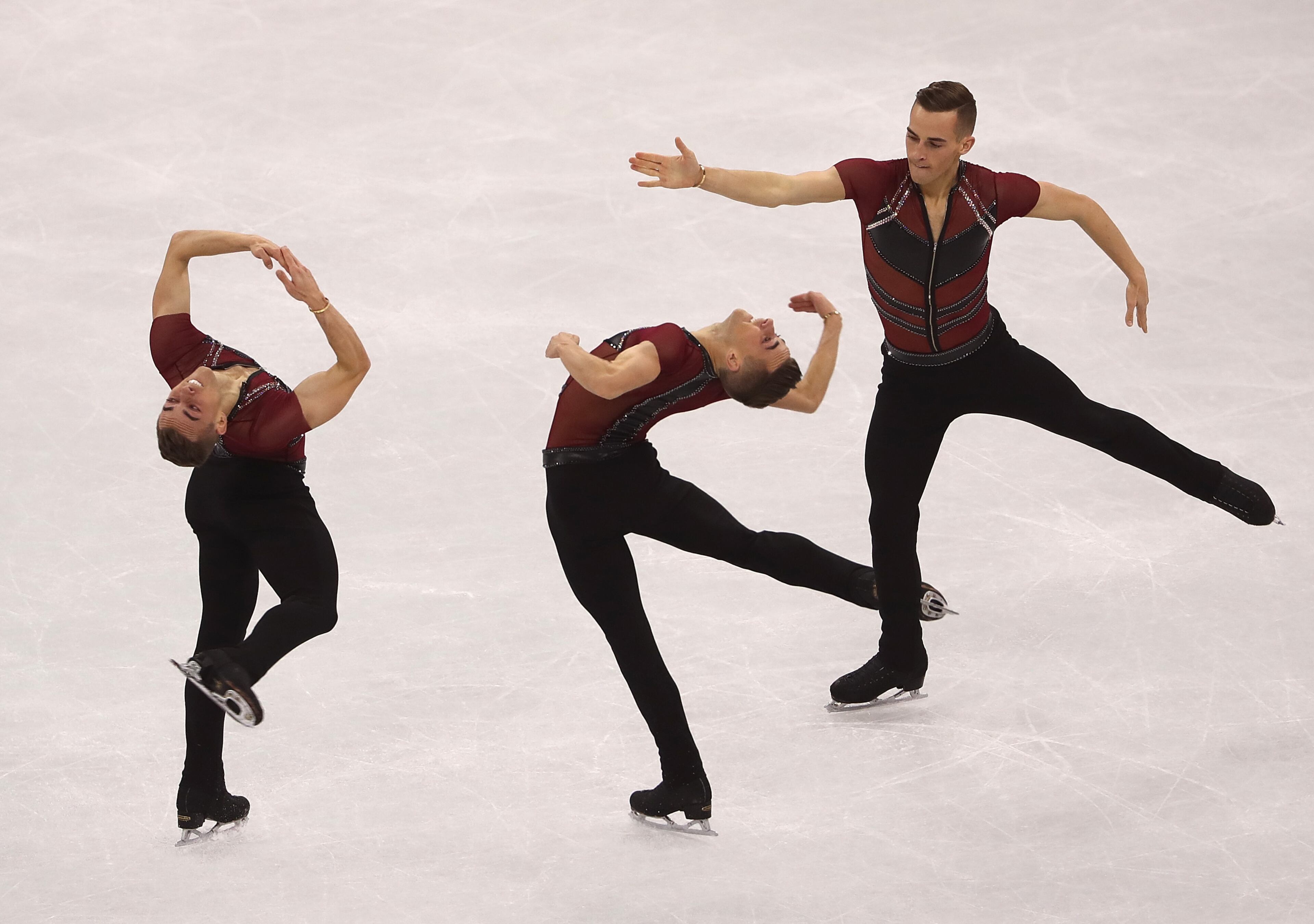 GANGNEUNG, SOUTH KOREA - FEBRUARY 16: (EDITOR'S NOTE: This image has been created using multiple exposure in camera) Adam Rippon of the United States competes during the Men's Single Skating Short Program at Gangneung Ice Arena on February 16, 2018 in Gangneung, South Korea. (Photo by Robert Cianflone/Getty Images)