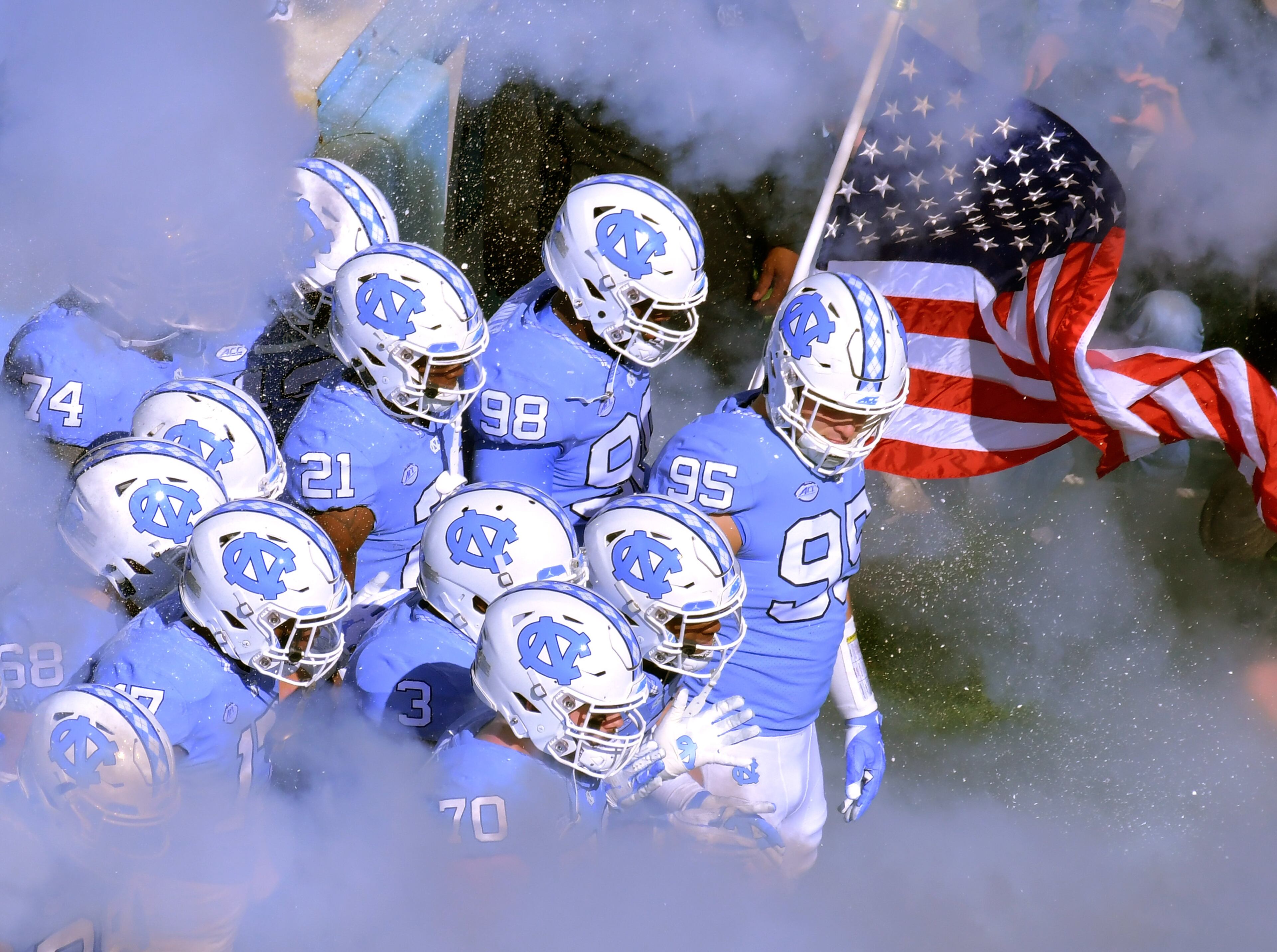 CHAPEL HILL, NC - NOVEMBER 03: The North Carolina Tar Heels prepare to take the field for the game against the Georgia Tech Yellow Jackets at Kenan Stadium on November 3, 2018 in Chapel Hill, North Carolina. (Photo by Grant Halverson/Getty Images)