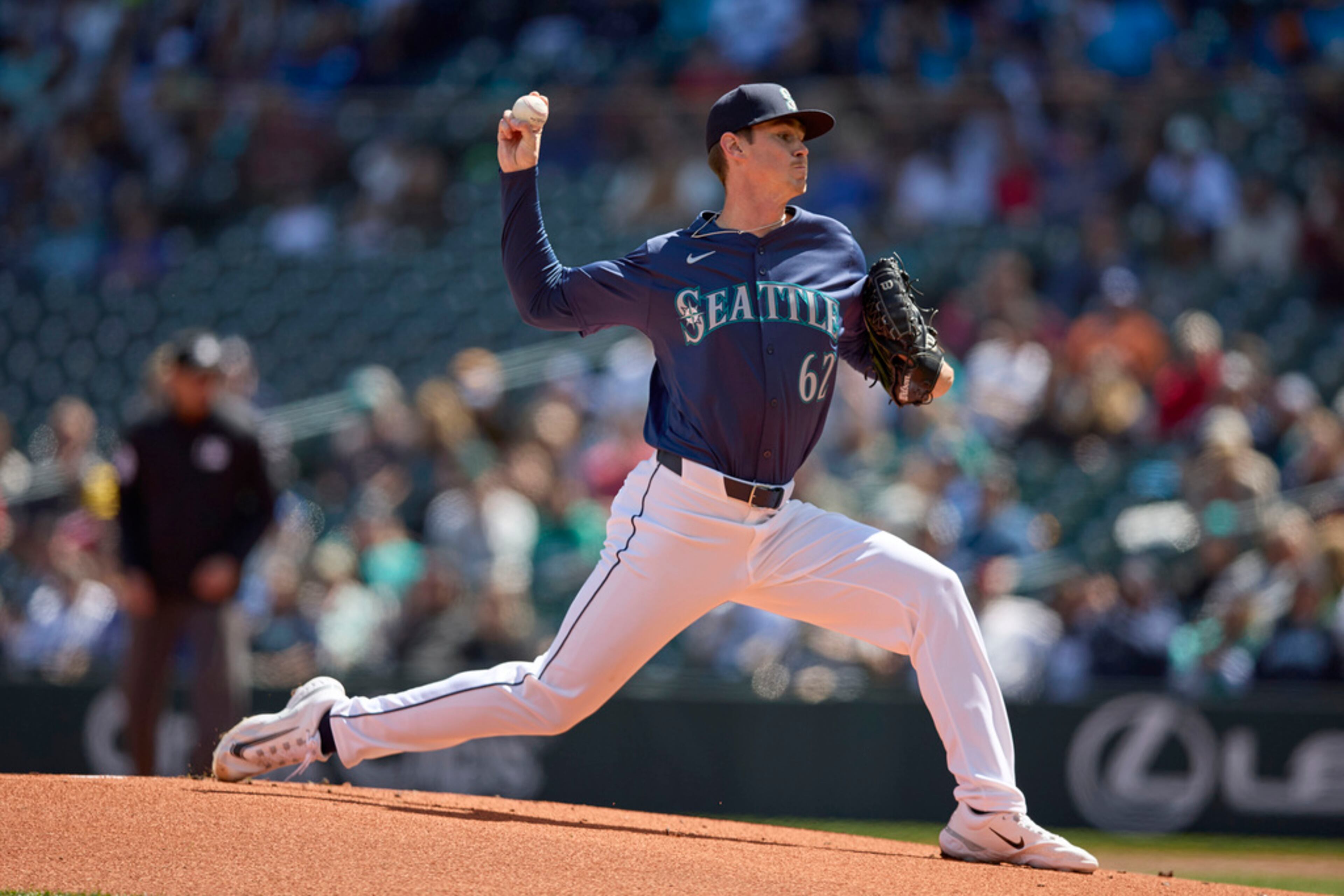 Seattle Mariners starting pitcher Emerson Hancock throws to a Atlanta Braves' batter in the first inning of a baseball game, Wednesday, May 1, 2024, in Seattle. (AP Photo/John Froschauer)