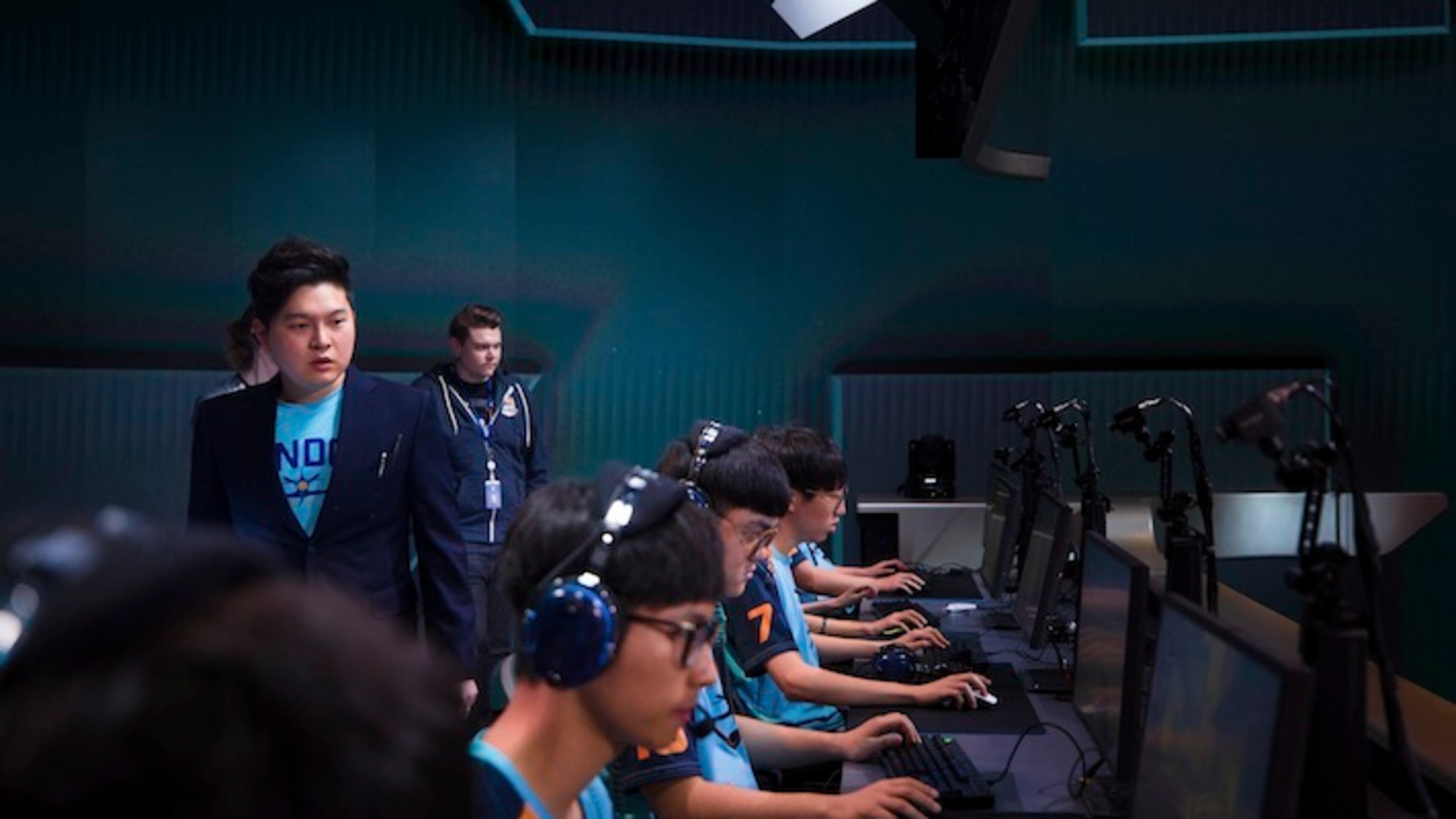 HOLD FOR USE WITH STORY MOVING OVERNIGHT WED. JAN.10, 2018-In this Dec. 7, 2017 photo provided by Blizzard Entertainment several members of the London Spitfire esports team compete in a preseason match in the Overwatch League at Blizzard Arena in Burbank, Calif. The new Overwatch League is a well-funded attempt to combine cutting-edge esports competition with a traditional sports league structure. (Robert Paul/ Blizzard Entertainment)