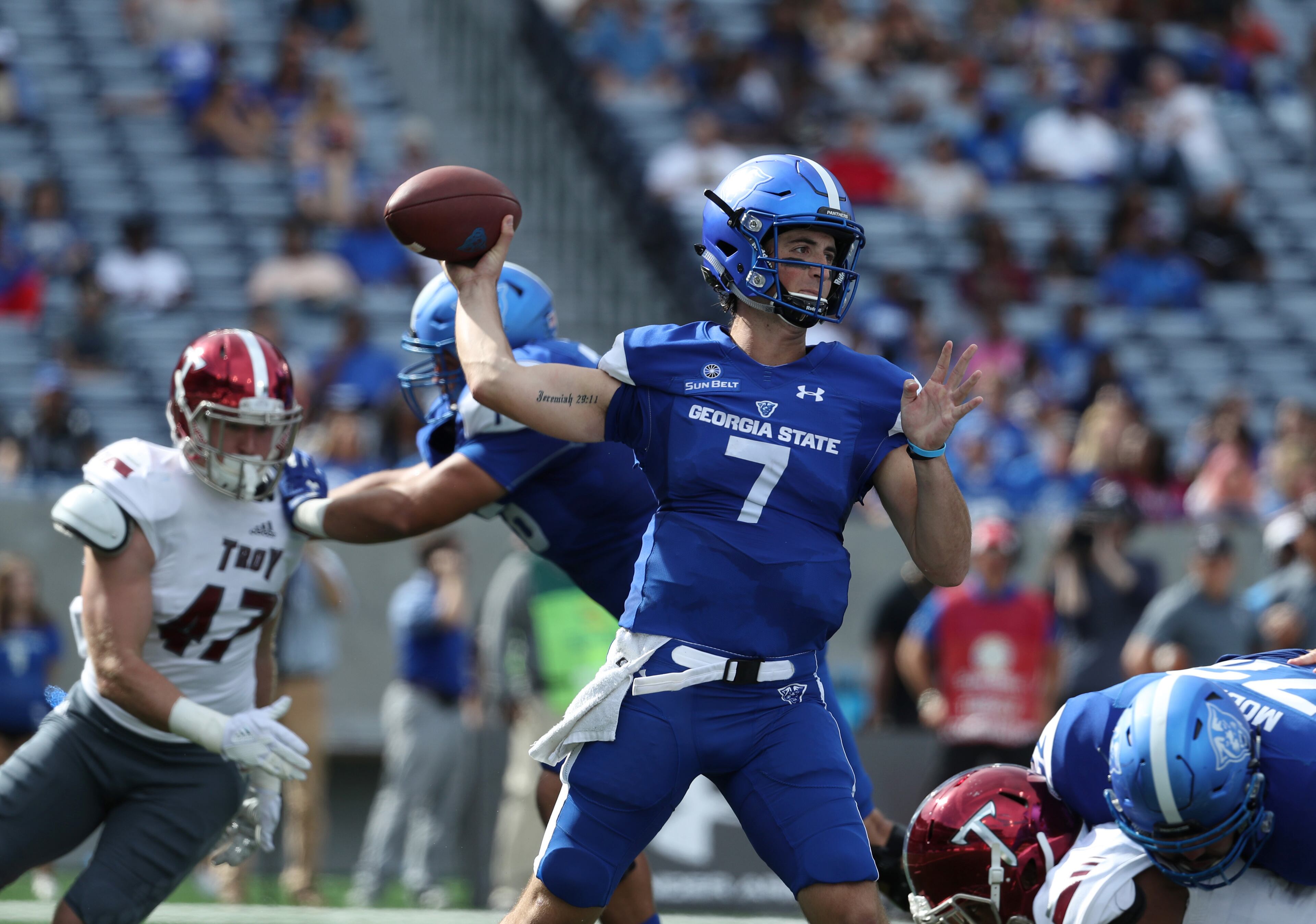 October 21, 2017 - Atlanta, Ga: Georgia State Panthers quarterback Conner Manning (7) attempts a pass in the second quarter of their game against the Troy Trojans at GSU Stadium Saturday, October 21, 2017, in Atlanta.. PHOTO / JASON GETZ