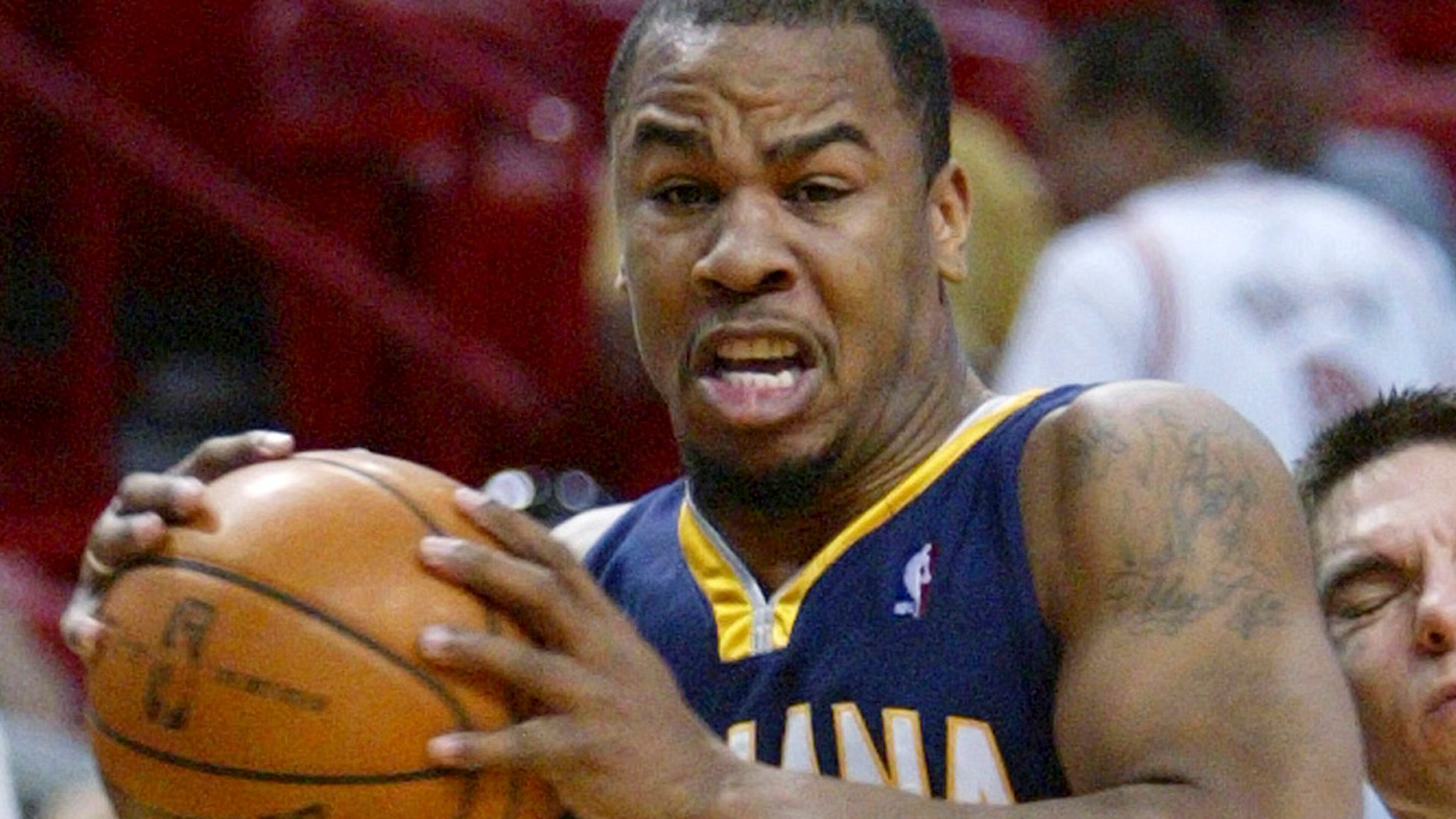 042713 ATLANTA: Hawks forward Ivan Johnson wins the rebound battle with Pacers forward Jeff Pendergraph during the first half of their NBA playoff game with Indiana on Saturday, April 27, 2013, in Atlanta. CURTIS COMPTON/ CCOMPTON@AJC.COM