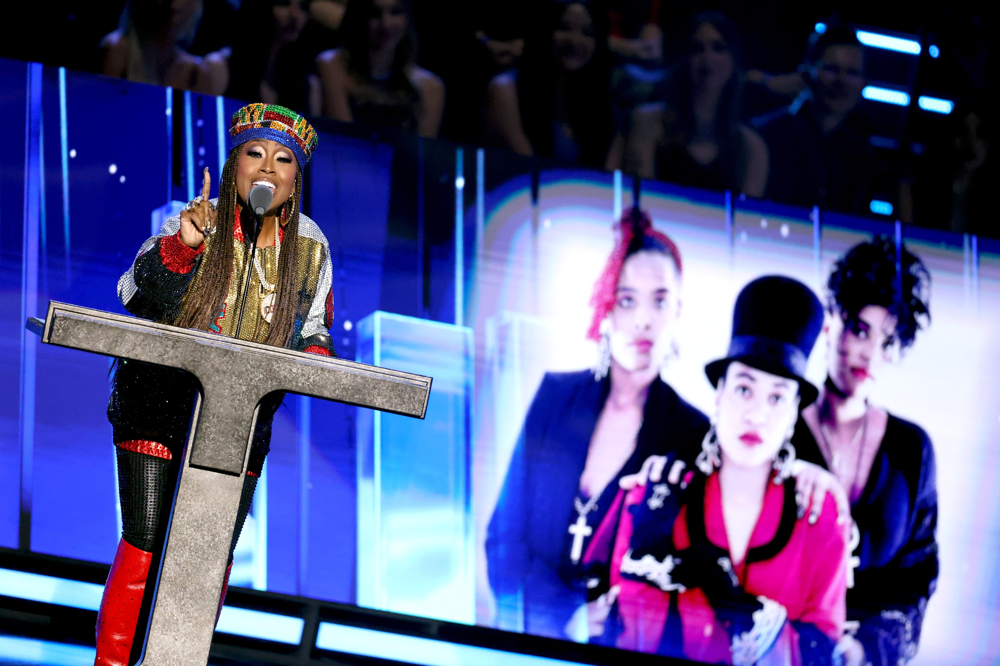 Hall of Fame inductee Missy Elliott, an Atlanta resident, inducts Salt-N-Pepa during the 2025 Rock & Roll Hall of Fame Induction Ceremony at Peacock Theater on Nov. 08, 2025 in Los Angeles. (Amy Sussman/WireImage)