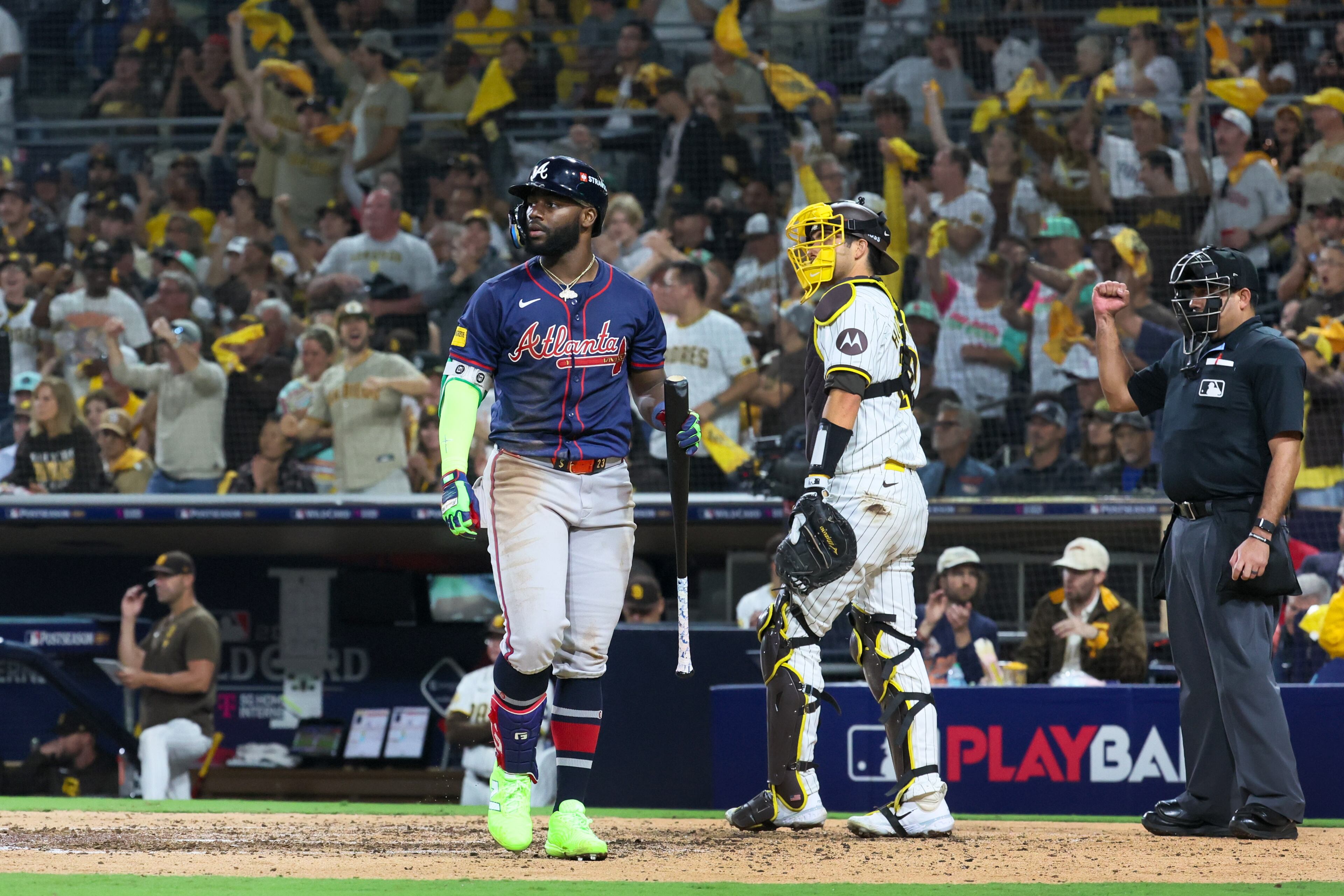 Atlanta Braves outfielder Michael Harris II (23) strikes ut against San Diego Padres relief pitcher Jason Adam as catcher Kyle Higashioka watches during the eighth inning of National League Division Series Wild Card Game One at Petco Park in San Diego on Tuesday, Oct. 1, 2024. (Jason Getz / Jason.Getz@ajc.com)