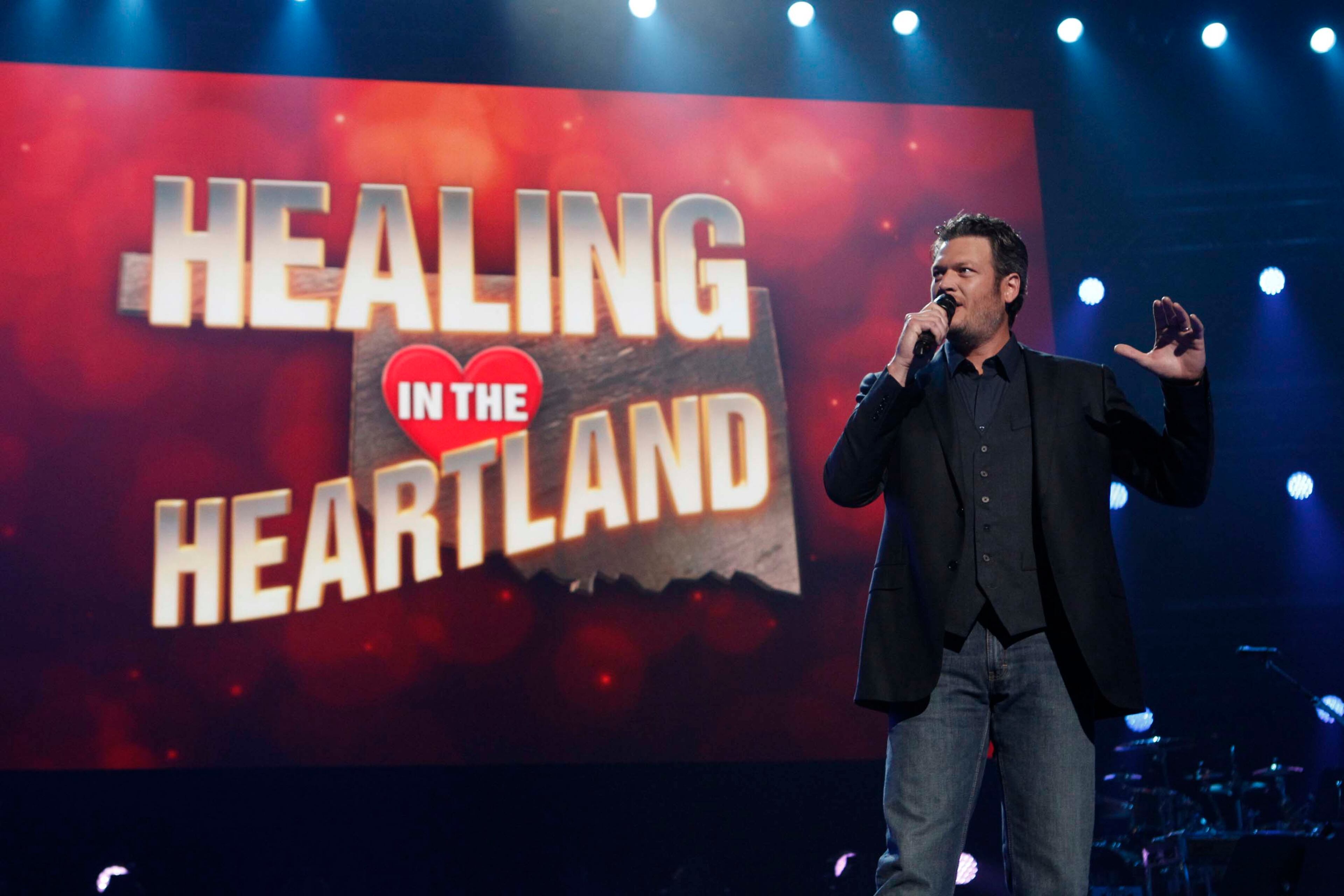 Blake Shelton during the Healing in the Heartland: Relief Benefit Concert at the Chesapeake Energy Arena in Oklahoma City, Okla., Wednesday, May 29,2013. Funds raised by the benefit will go to the United Way of Central Oklahoma, for recovery efforts for those affected by the May 20 tornado. (AP Photo/NBC, Trae Patton)