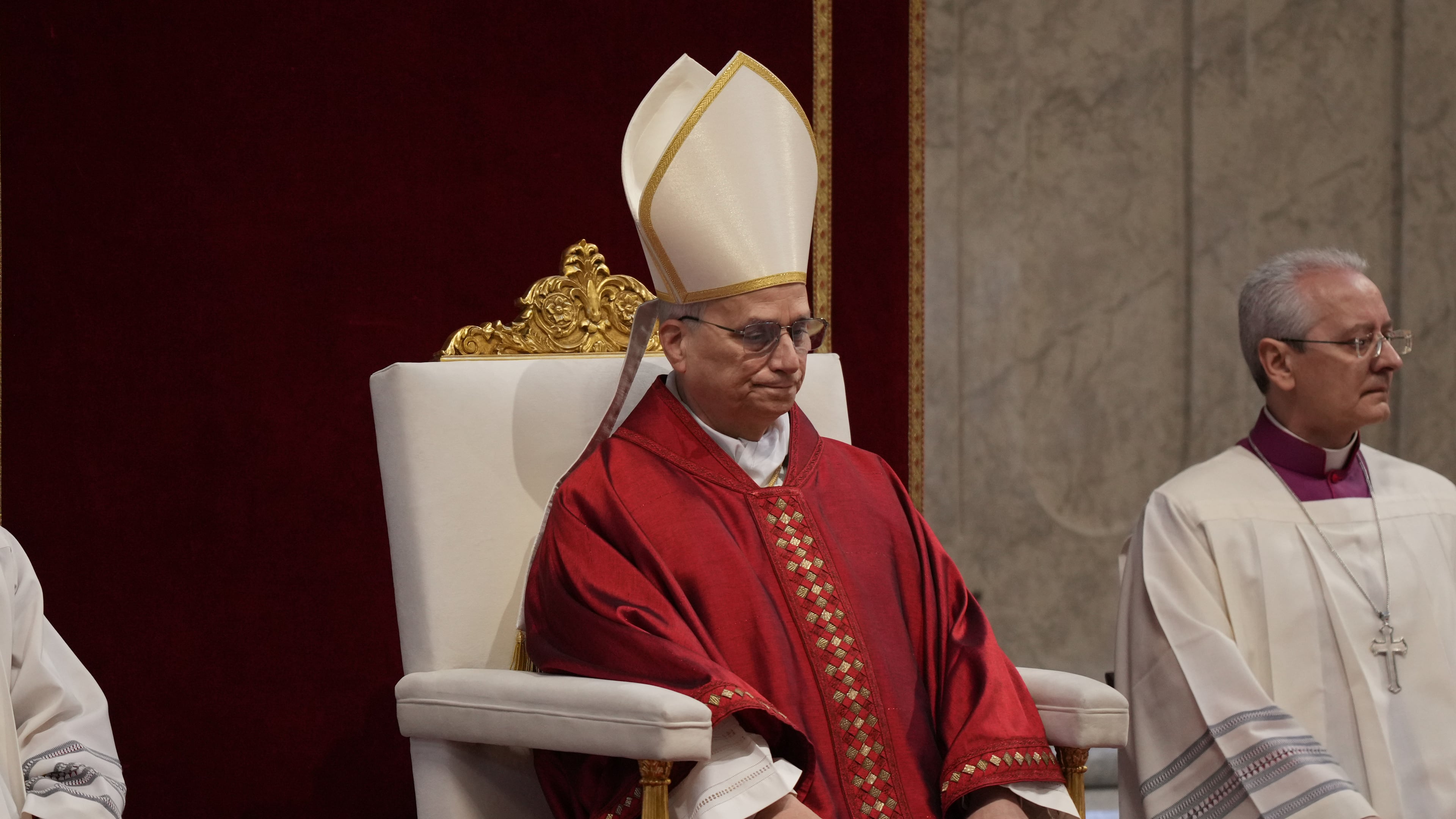 Pope Leo XIV attends the Celebration of the Passion of the Lord in St. Peter's Basilica at the Vatican on Catholic Good Friday, Friday, April 3, 2026 (AP Photo/Andrew Medichini)