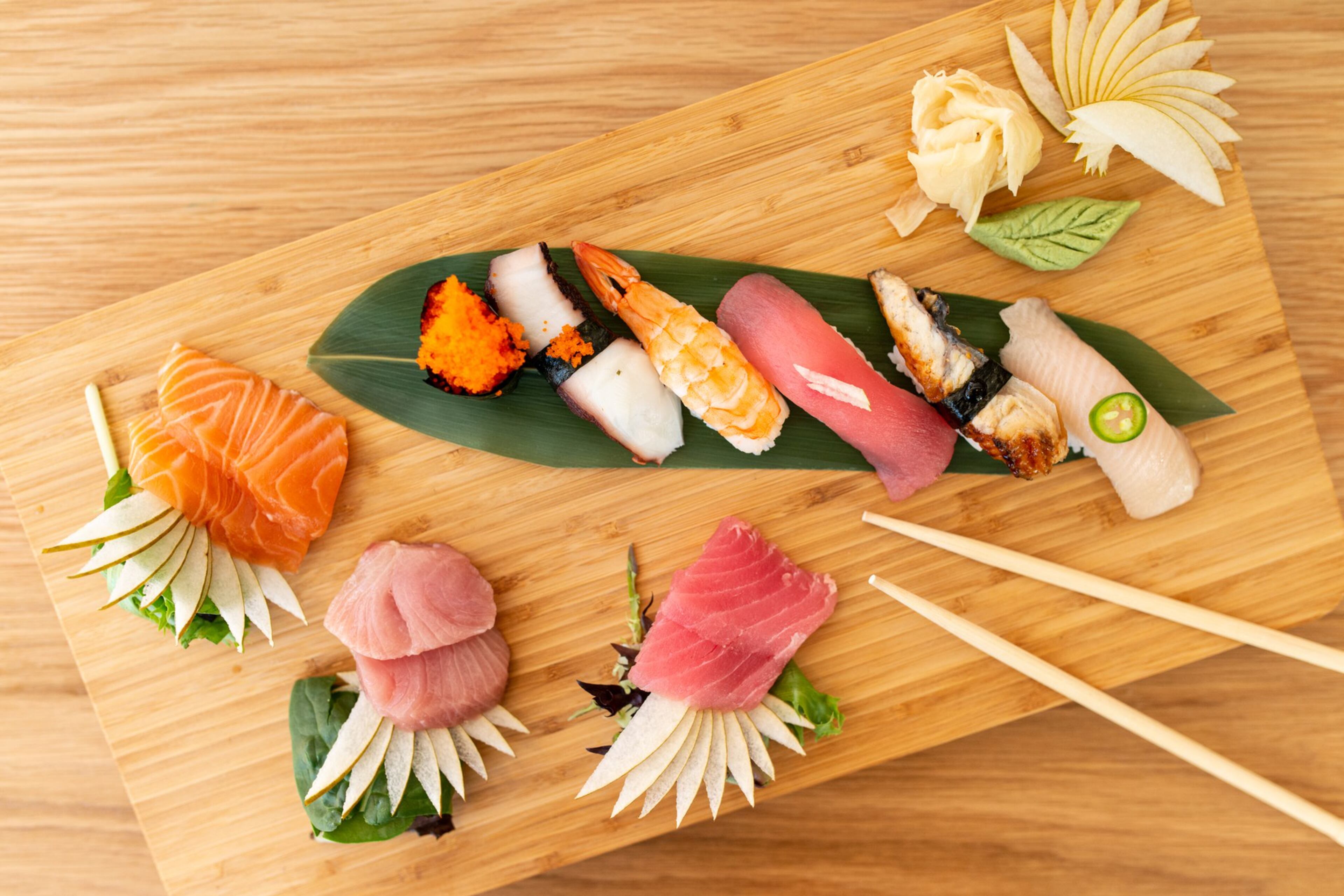 Sukoshi Chef Choice Combo Nigiri and Sashimi with tuna, salmon, bluefin tuna, yellowtail, octopus, ebi shrimp, unagi, and ikura. Phto credit- Mia Yakel.