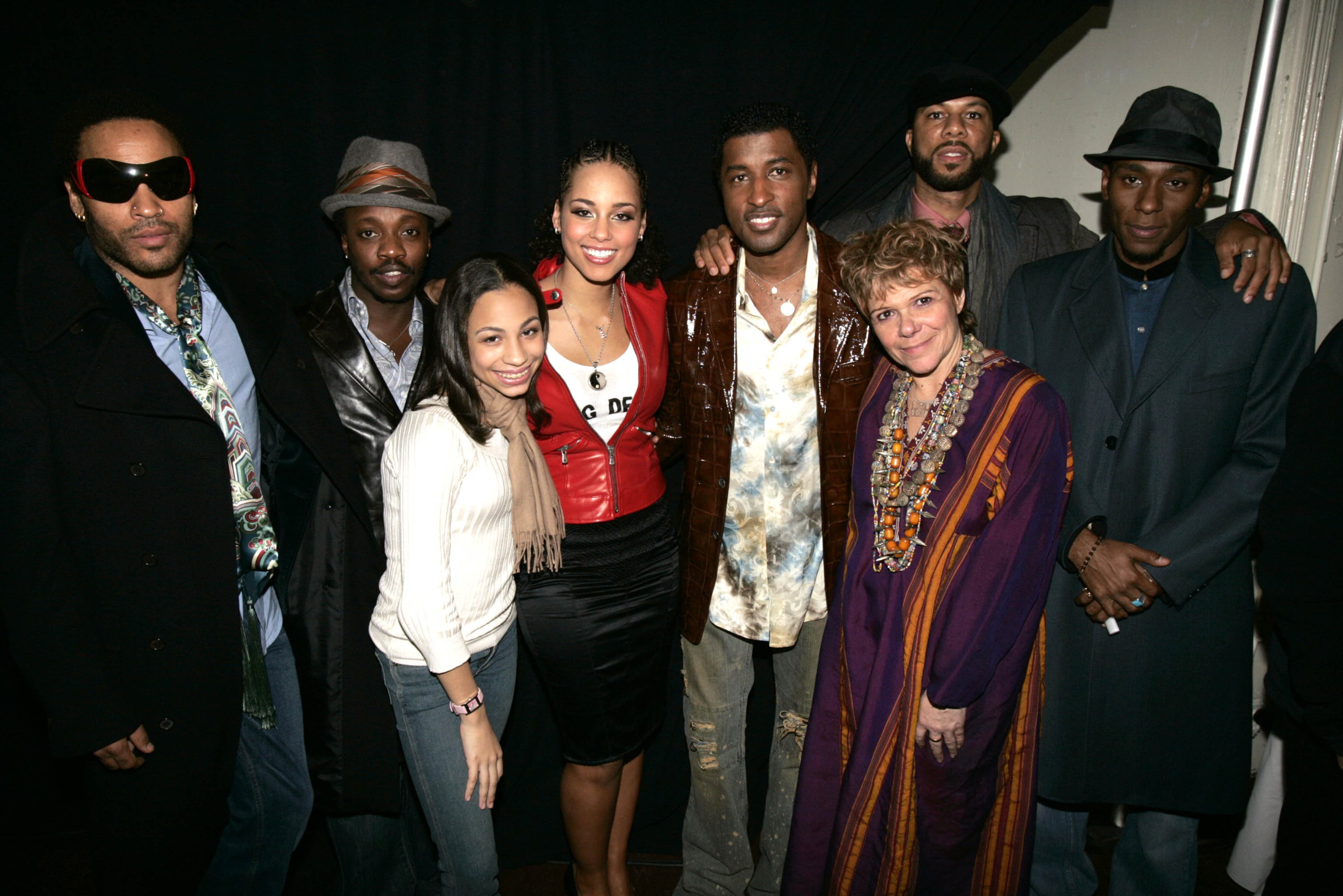 Lenny Kravitz, Anthony Hamilton, Carina Pasan, Alicia Keys, Babyface, President and CEO of Keep A Child Alive Leigh Blake-Sebastian, Common, Creative Director, Diffa Anneliese Estrada and Mos Def pose backstage at "The Pusher's Ball" to benefit the "Keep A Child Alive" charity at The Angel Orensanz Foundation Center for the Arts December 1, 2004 in New York City. (Photo by Peter Kramer/Getty Images)