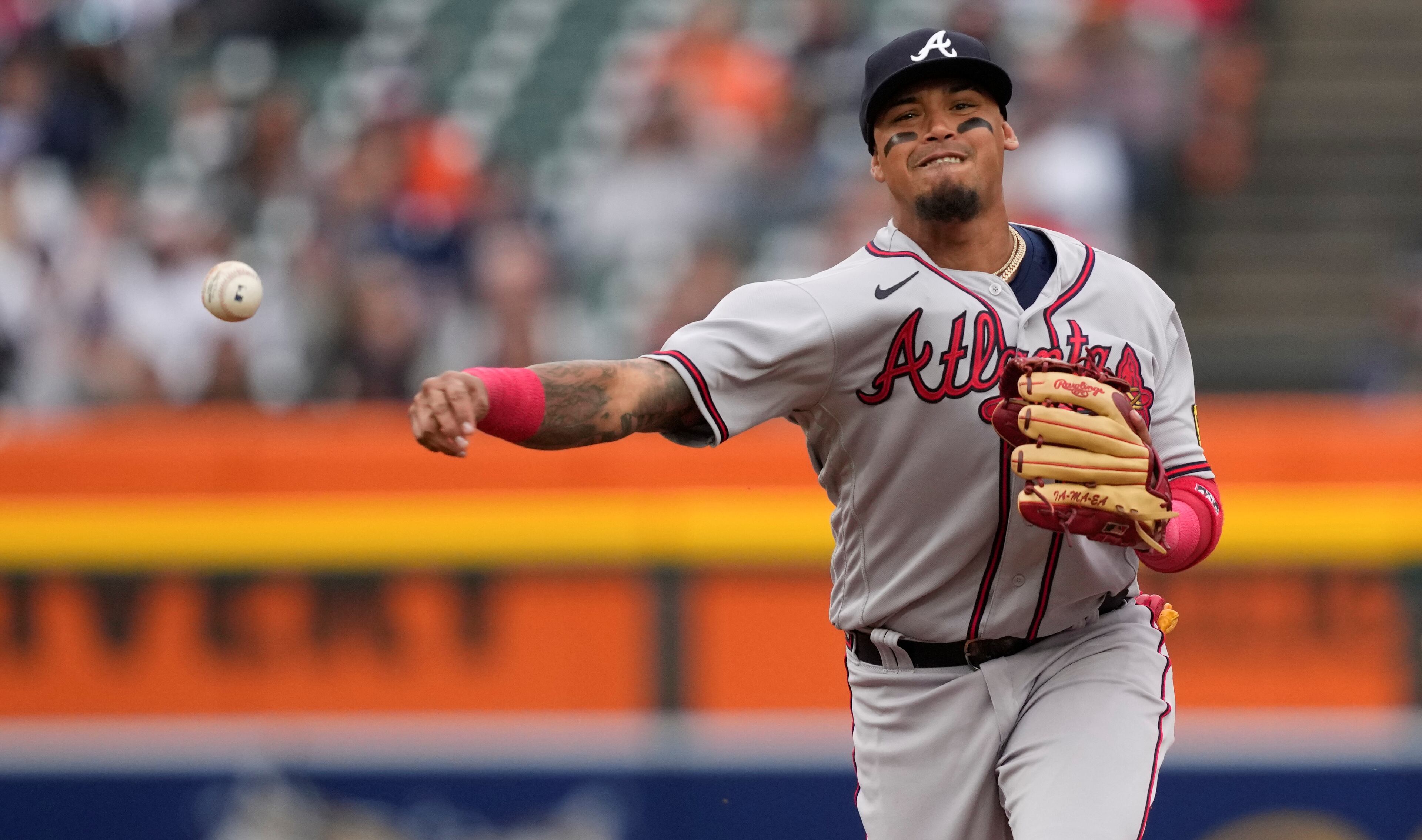 Braves shortstop Orlando Arcia throws out Detroit Tigers' Matt Vierling at first during the second inning of a baseball game, Monday, June 12, 2023, in Detroit. (AP Photo/Carlos Osorio)