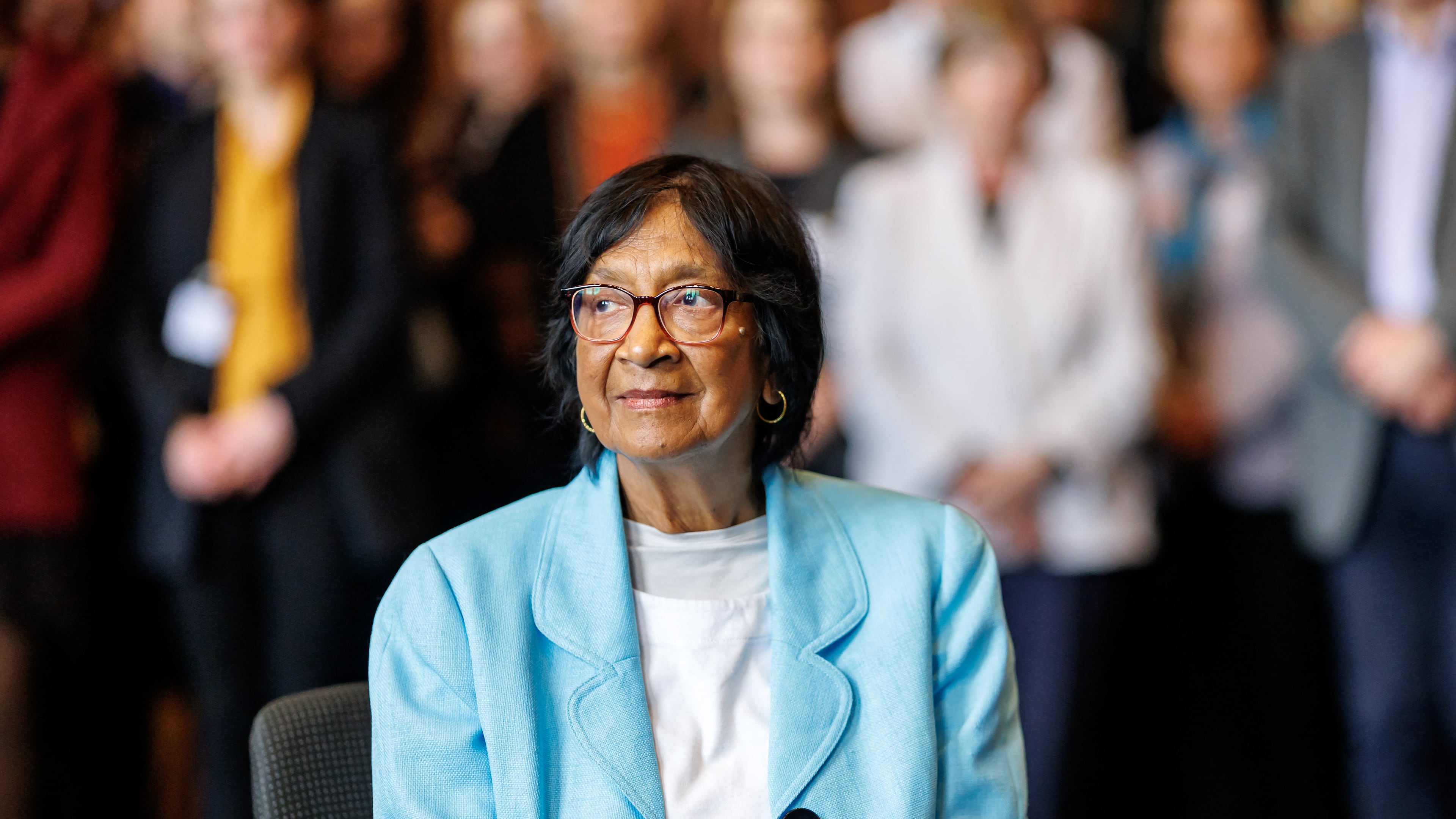 South African-born jurist and former U.N. human rights chief Navanethem "Navi" Pillay, sits at the Nuremberg Forum in Nuremberg, Germany, Friday, Oct. 9, 2026, following the announcement that she had been awarded the 2026 Nobel Peace Prize. (Daniel Karmann/dpa via AP)