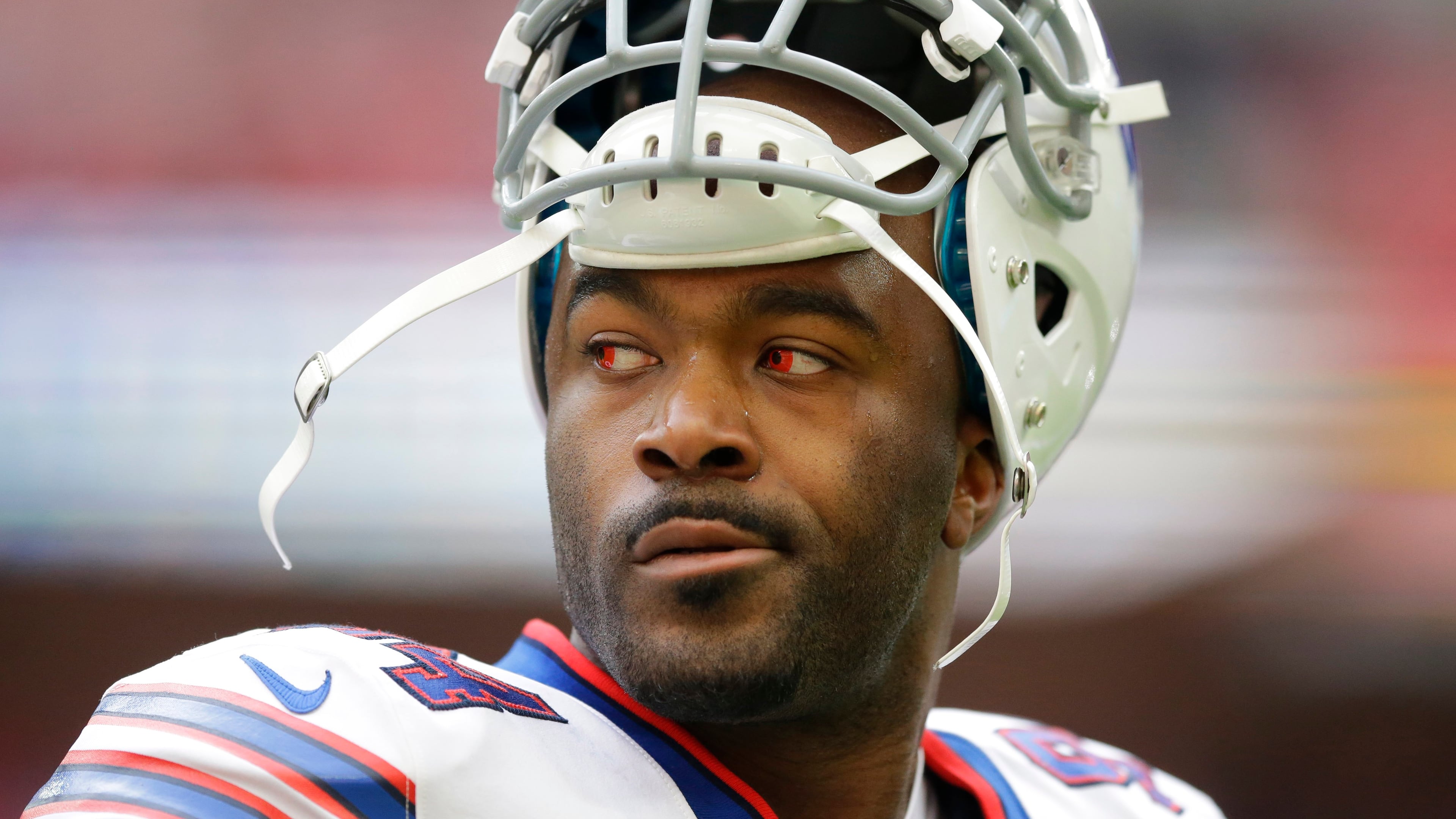 FILE - In this Oct. 25, 2015, file photo, Buffalo Bills defensive end Mario Williams stands on the field during the warm-up before an NFL game against the Jacksonville Jaguars at Wembley Stadium in Londo. The Bills released the high-priced defensive end on Tuesday, March 1, 2016. (AP Photo/Matt Dunham, File)