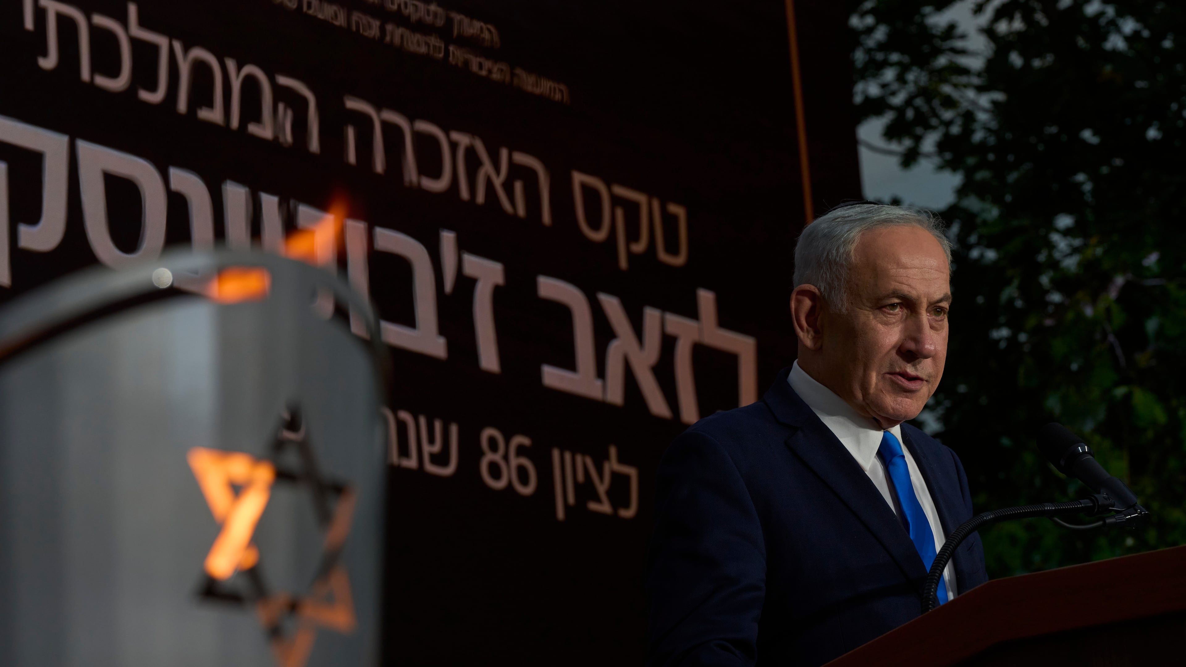 Israeli Prime Minister Benjamin Netanyahu speaks at the state memorial for Ze'ev Jabotinsky, at Mount Herzl Military Cemetery in Jerusalem, Tuesday, July 14, 2026. (AP Photo/Ohad Zwigenberg)