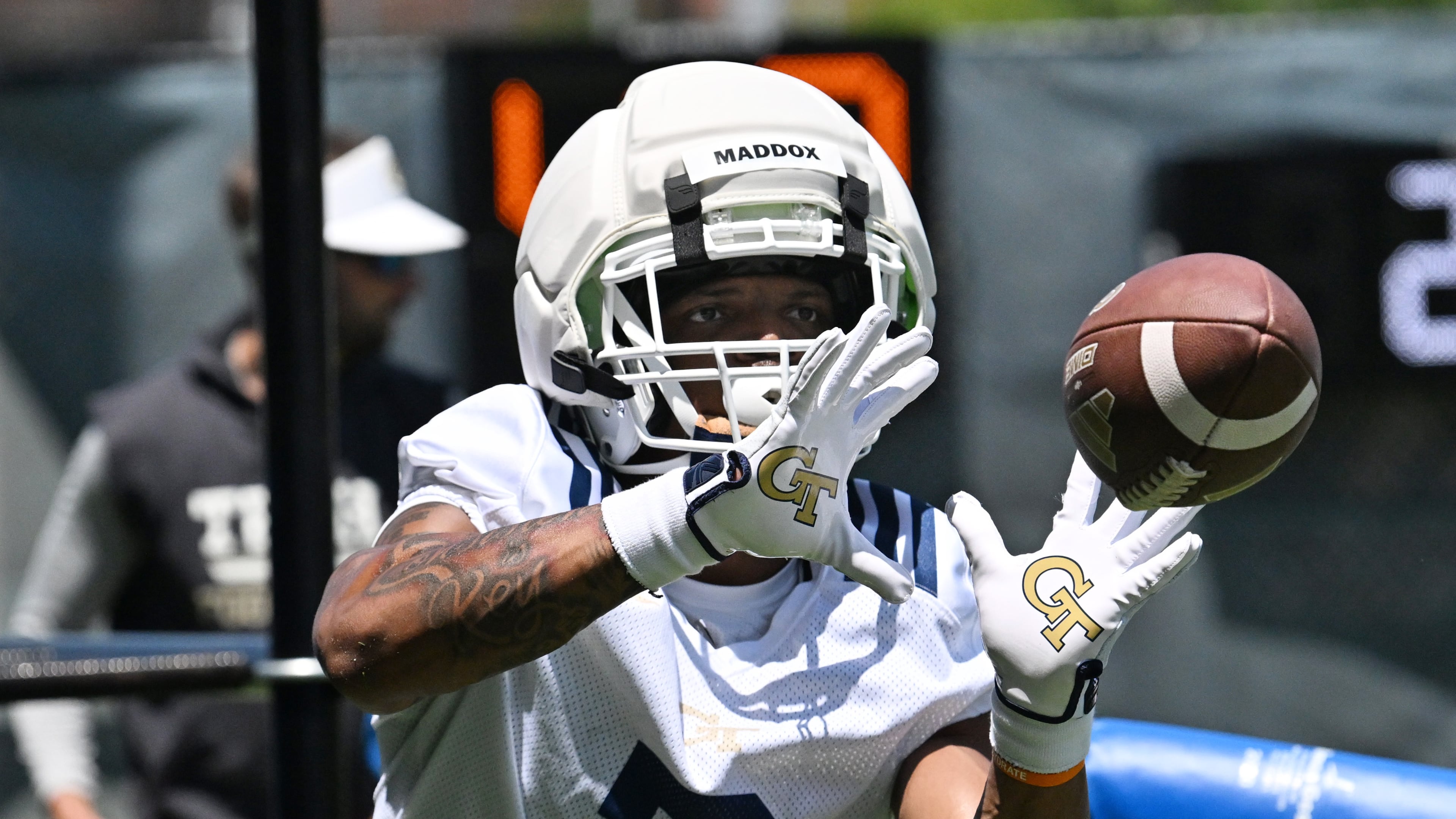 Georgia Tech running back Trelain Maddox participates in a drill during the first day of practice at Rose Bowl Field and the Mary and John Brock Football Practice Facility, Tuesday, July 29, 2025, in Atlanta. (Hyosub Shin/AJC)