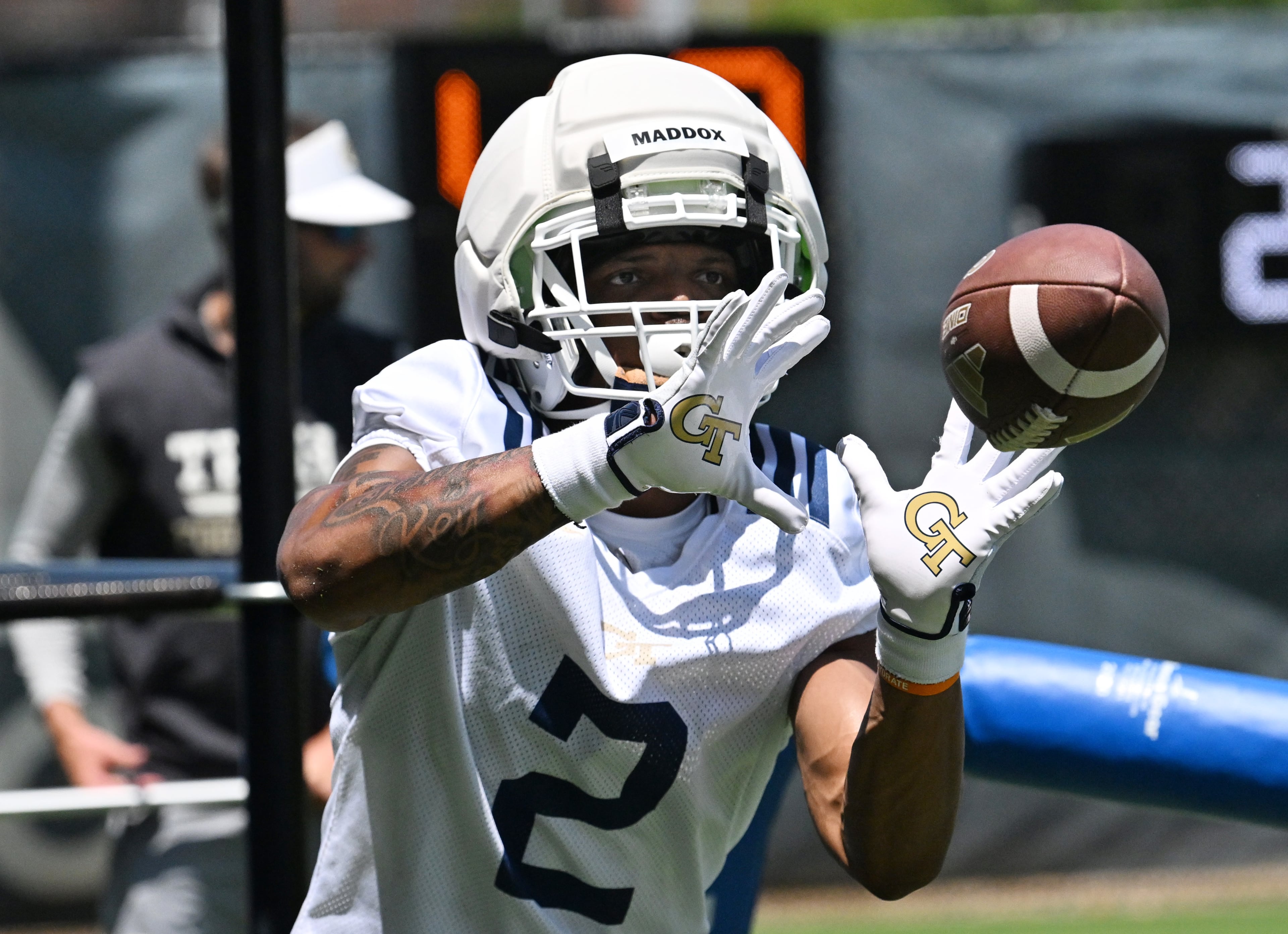 Georgia Tech running back Trelain Maddox (2) participates in a drill during the first day of football practice at Rose Bowl Field and the Mary and John Brock Football Practice Facility, Tuesday, July 29, 2025, in Atlanta. (Hyosub Shin / AJC)