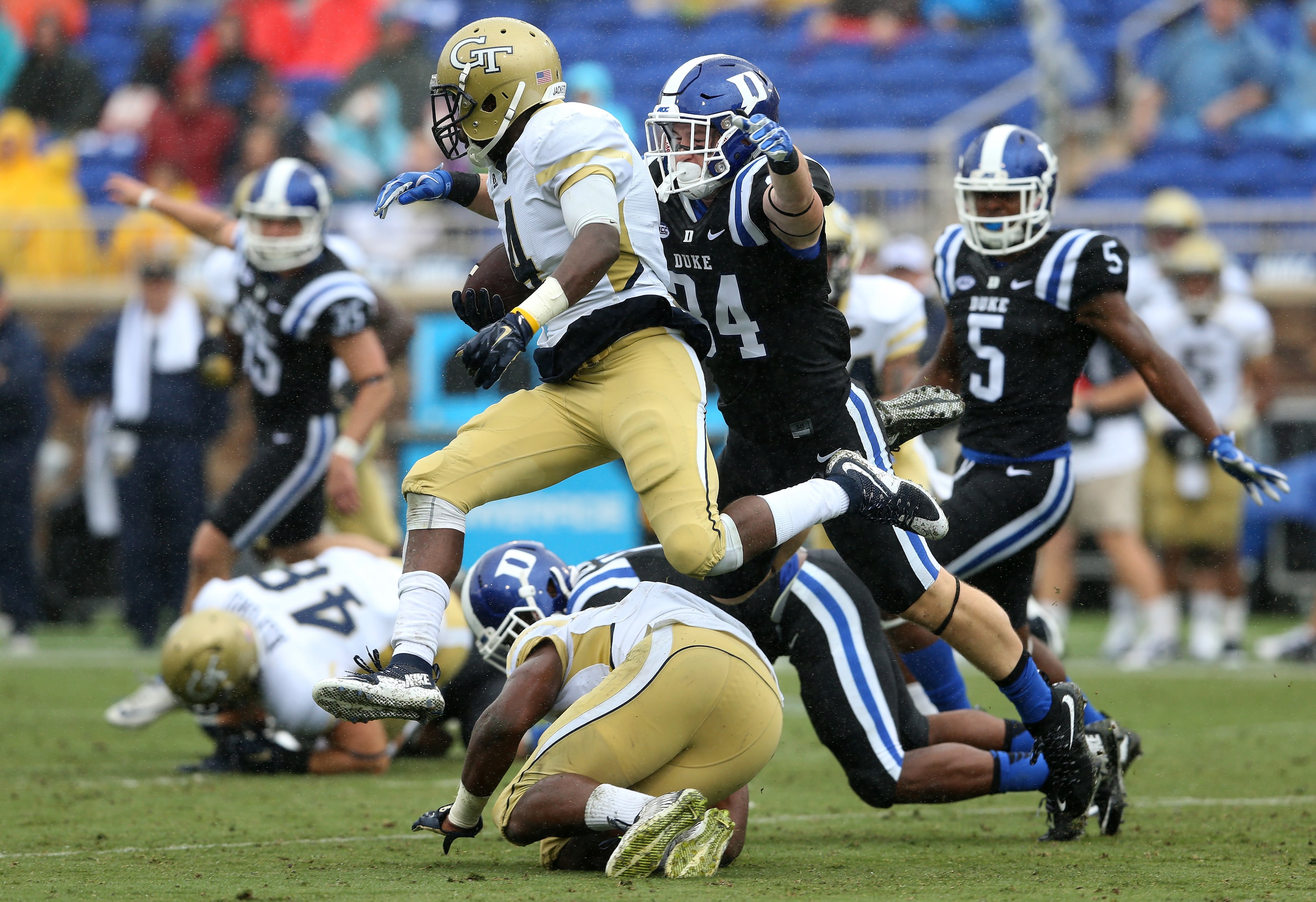 DURHAM, NC - SEPTEMBER 26: Jamal Golden #4 of the Georgia Tech Yellow Jackets runs with the ball against the Duke Blue Devils during their game at Wallace Wade Stadium on September 26, 2015 in Durham, North Carolina. (Photo by Streeter Lecka/Getty Images)